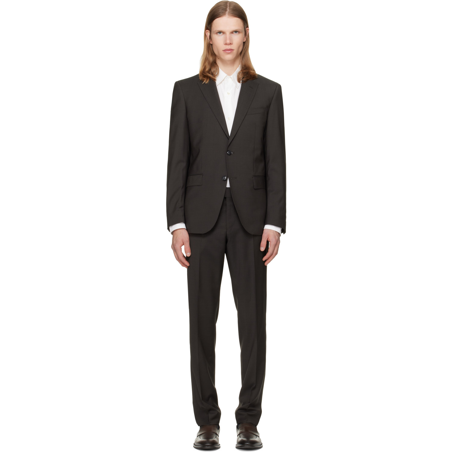 BOSS Brown Two-Piece Slim-Fit Wool Suit