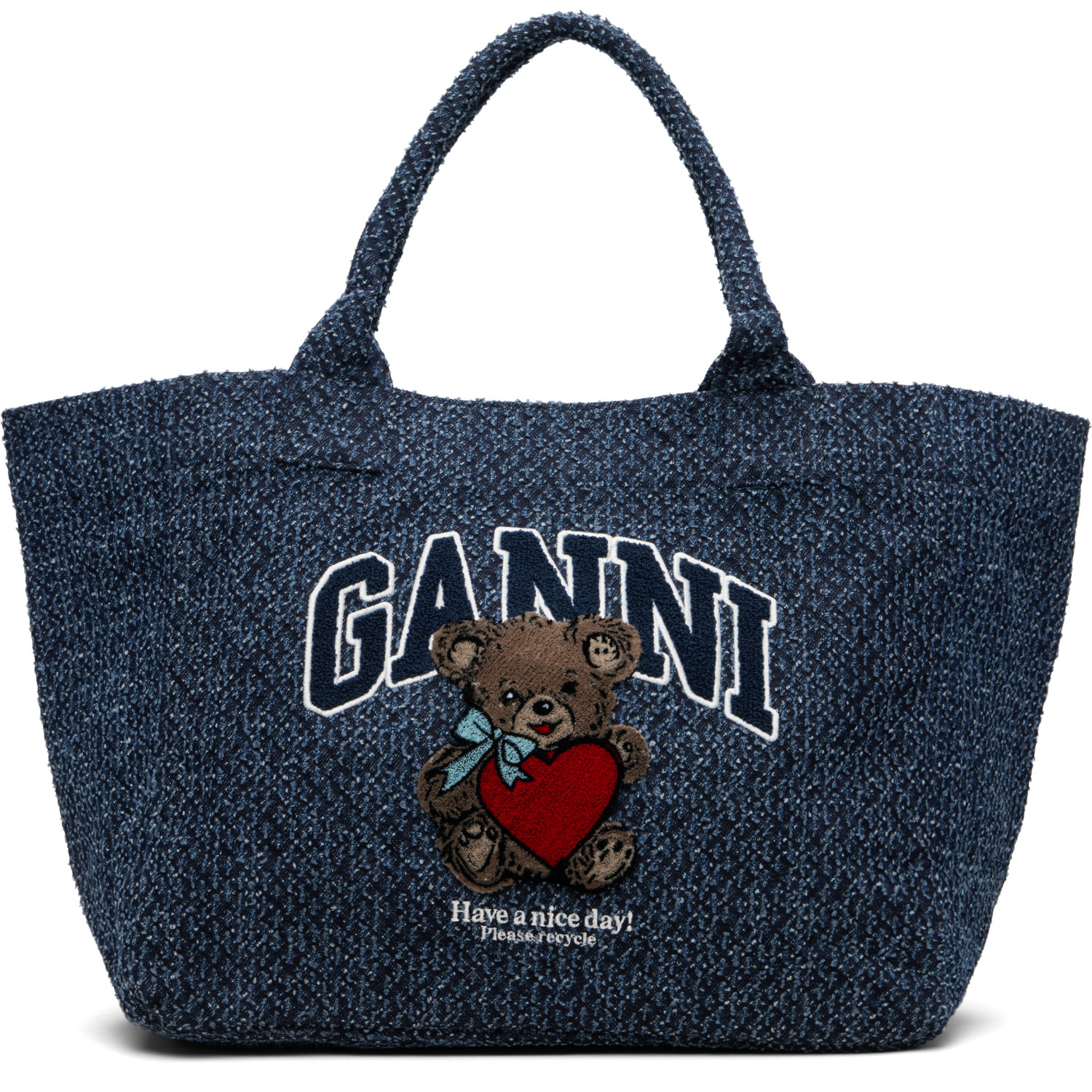 GANNI Navy Medium Trapeze Bear Denim Shopper Tote