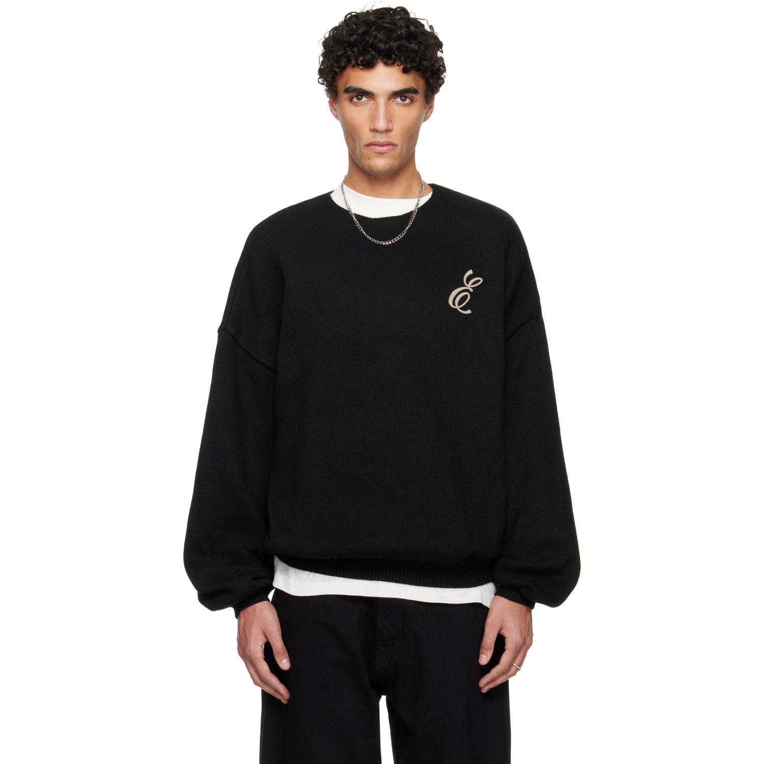 Fear of God ESSENTIALS Black Holiday Embroidered Merino Crewneck Sweater