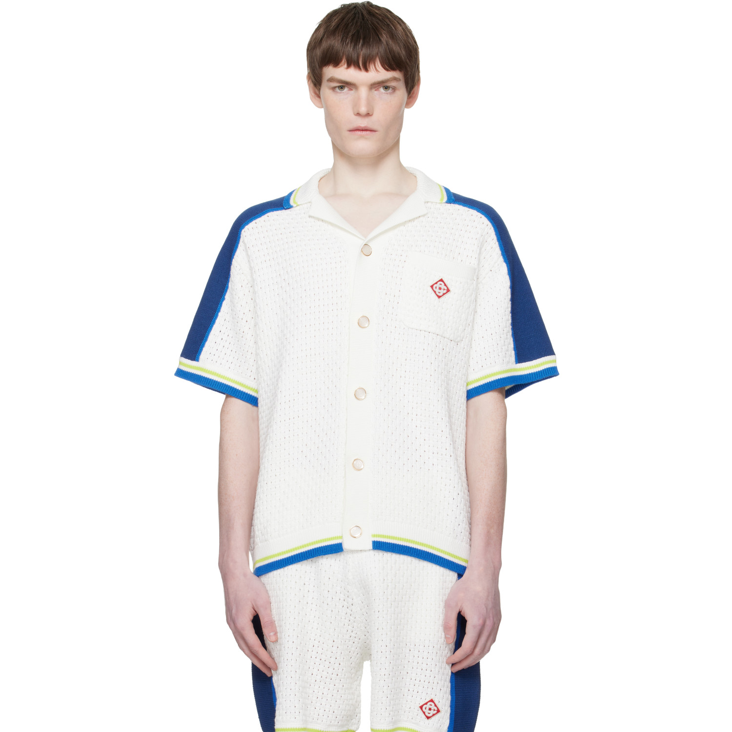 Casablanca Off-White & Blue Short Sleeve Crochet Shirt