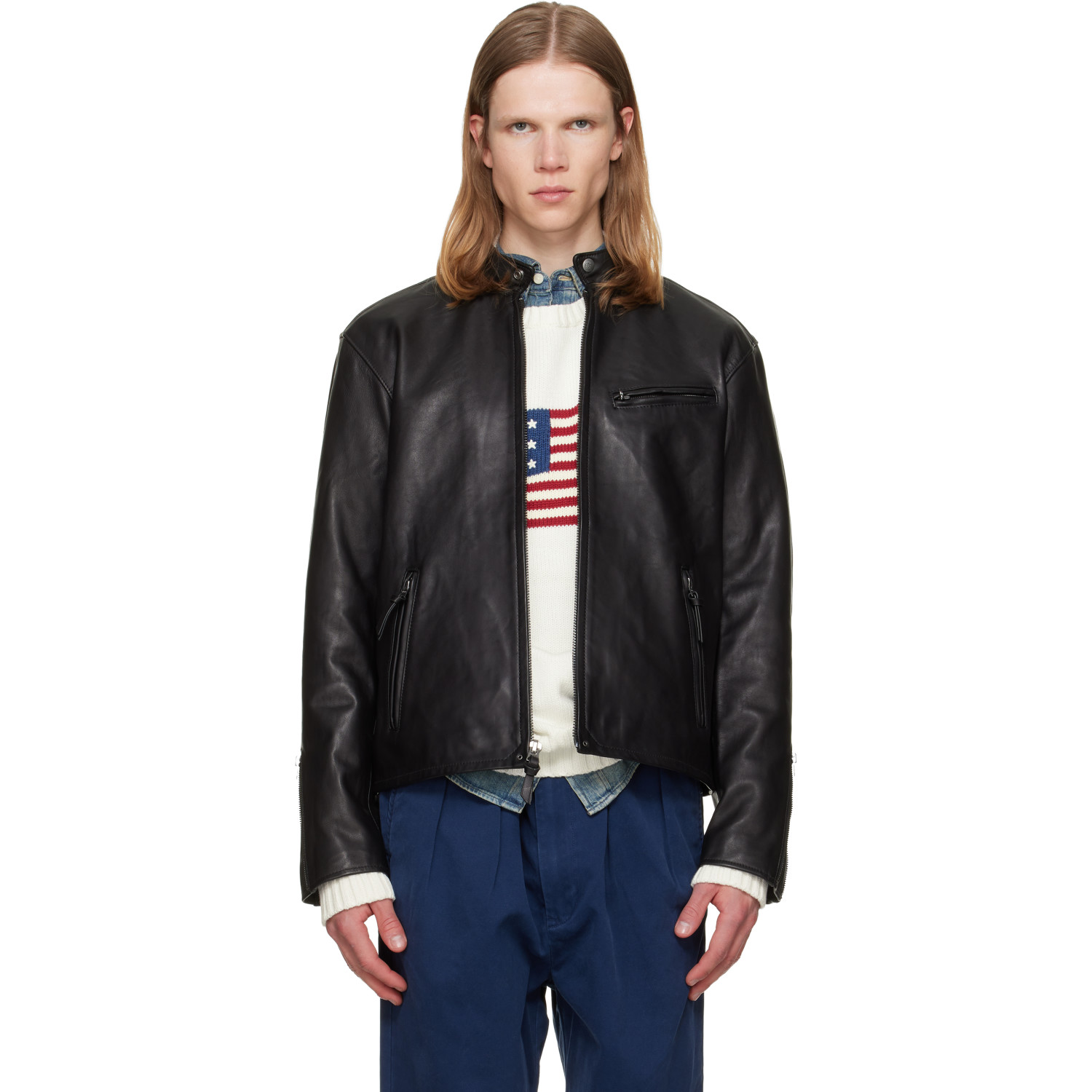 Polo Ralph Lauren Black 'The Brooklands' Leather Café Racer Jacket