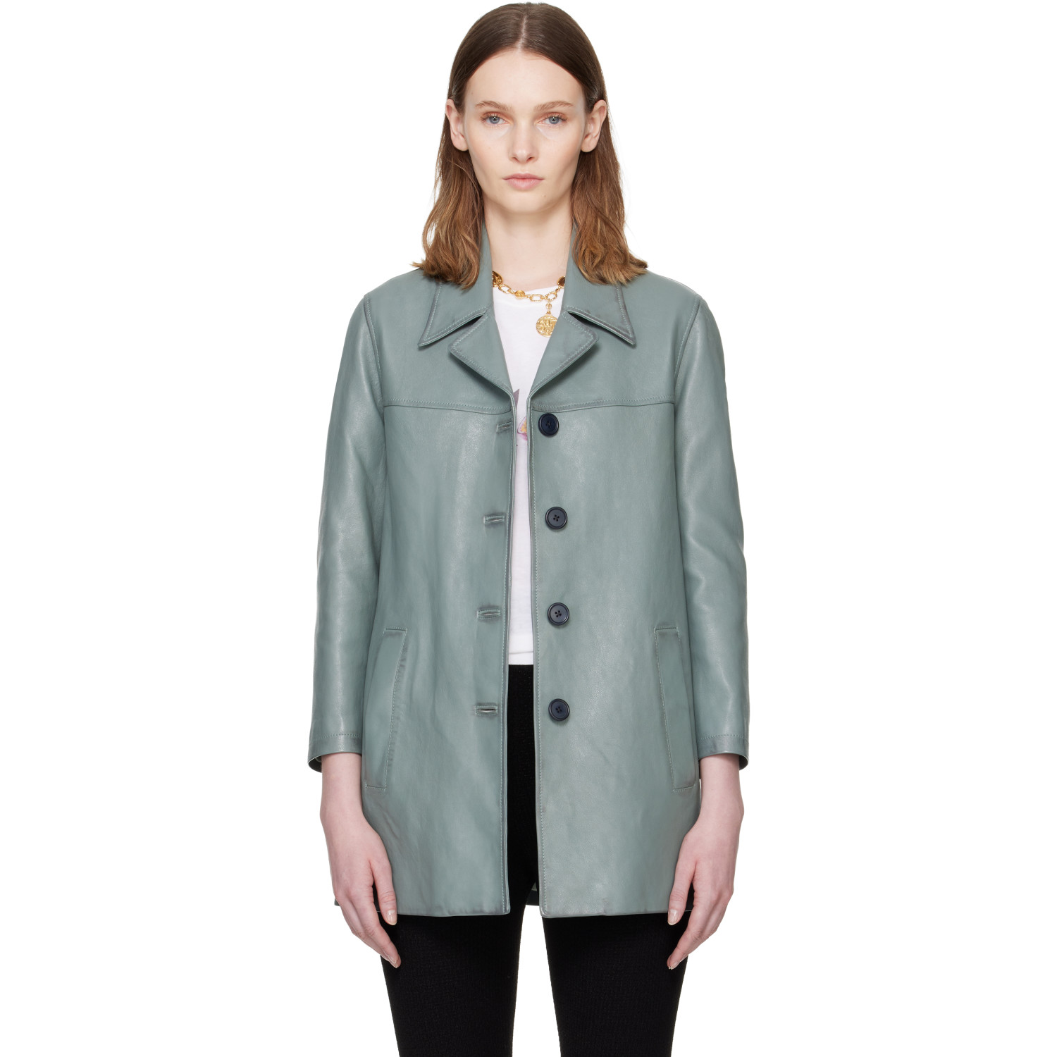 Chloé Blue Single-Breasted Long Leather Jacket