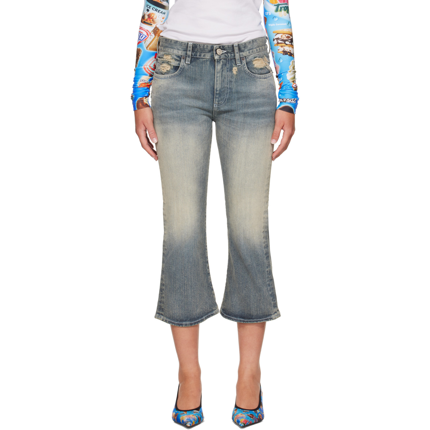 Balenciaga Blue Lace Flared Capri Jeans