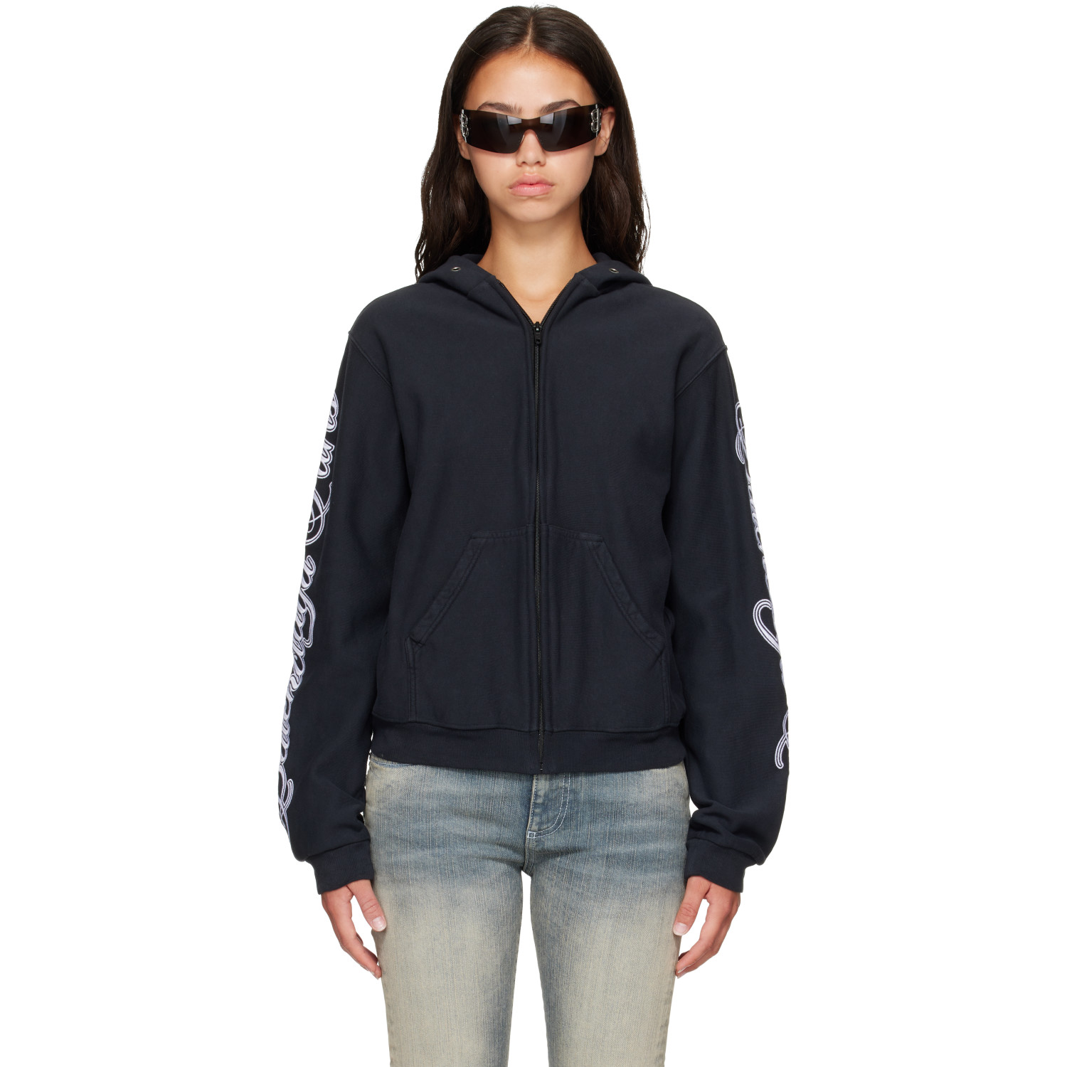 Balenciaga Black Cursive Zip-Up Regular Fit Hoodie