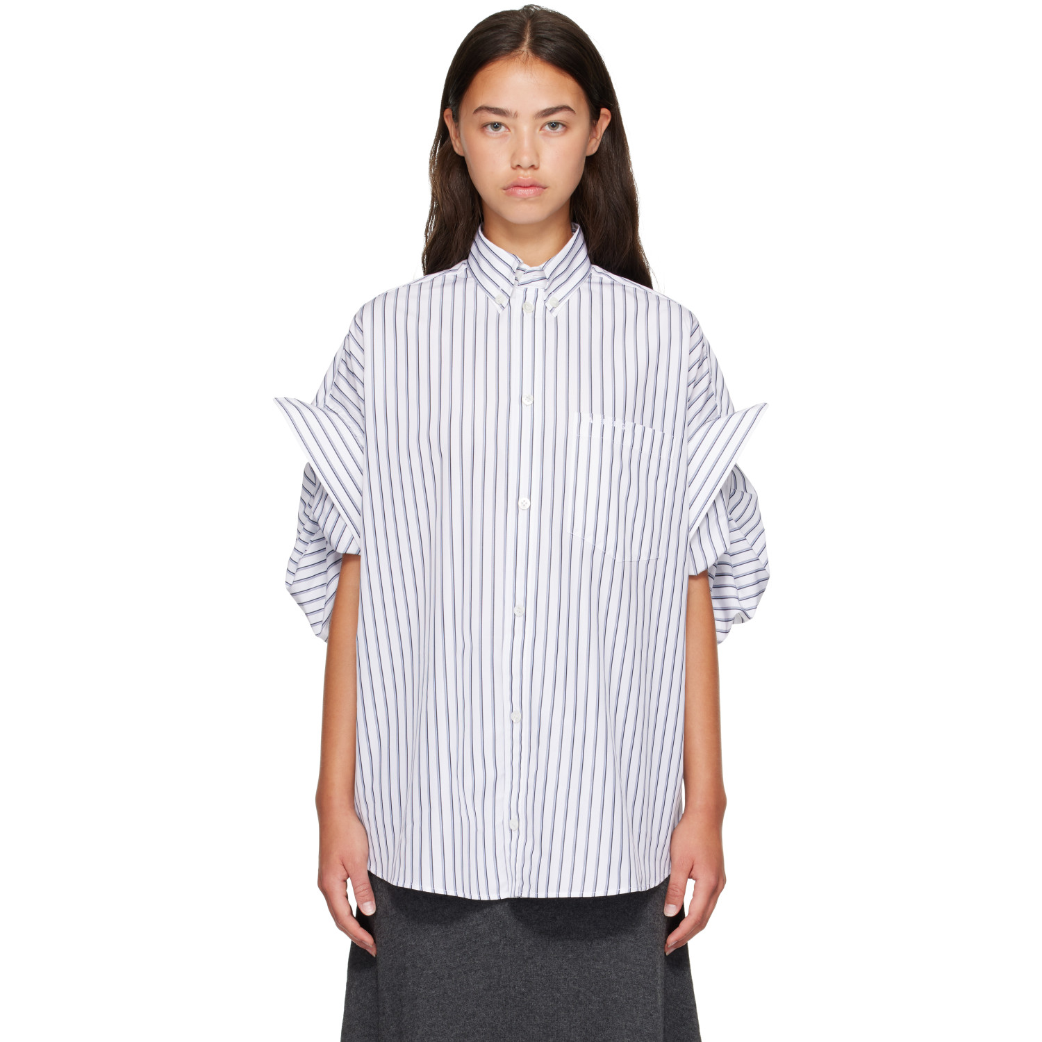 Balenciaga White & Blue Tucked Sleeve Shirt