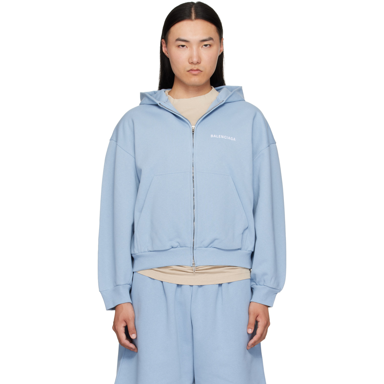Balenciaga Blue Embroidered Zip-Up Hoodie