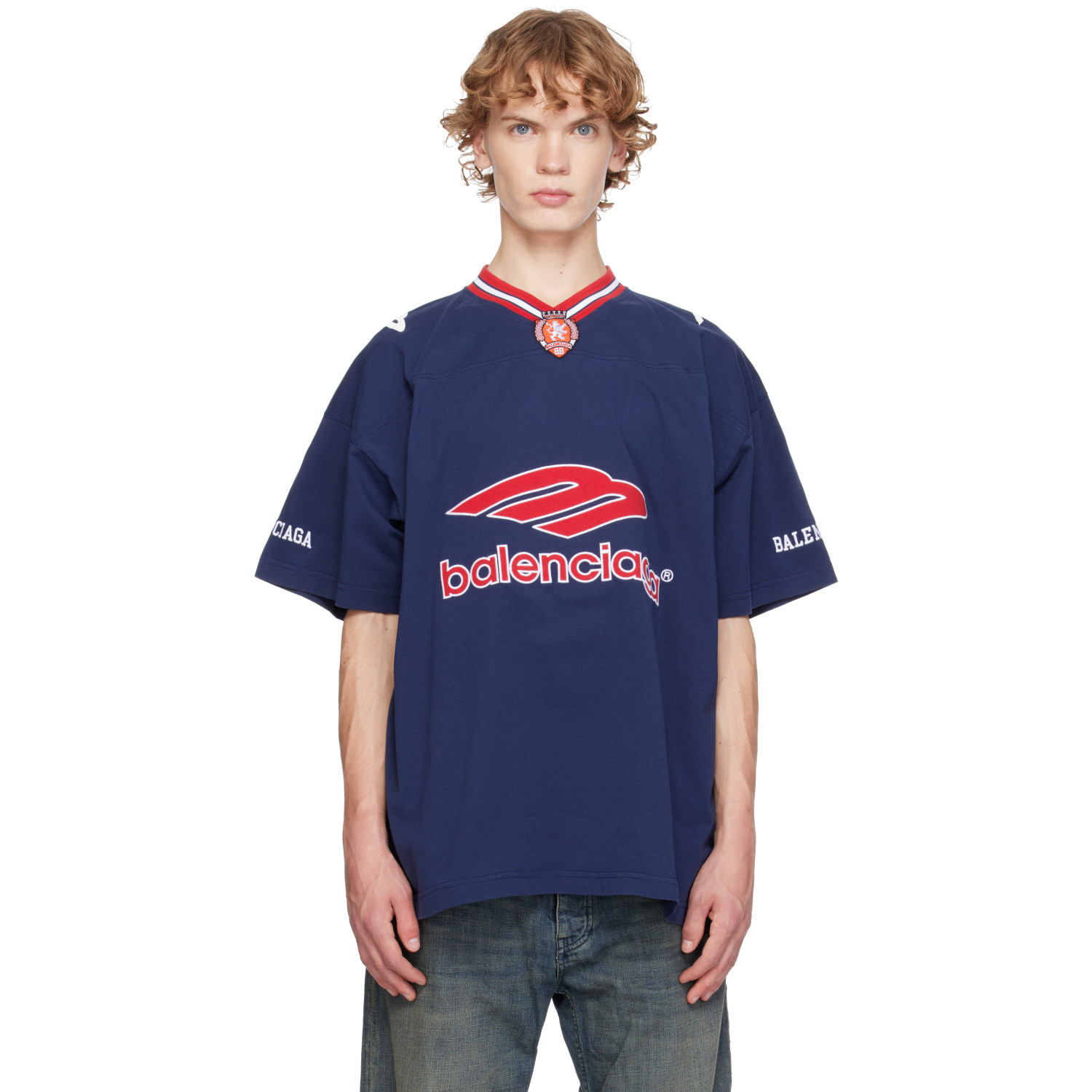Balenciaga Navy 3B Football V-Neck Oversized T-shirt