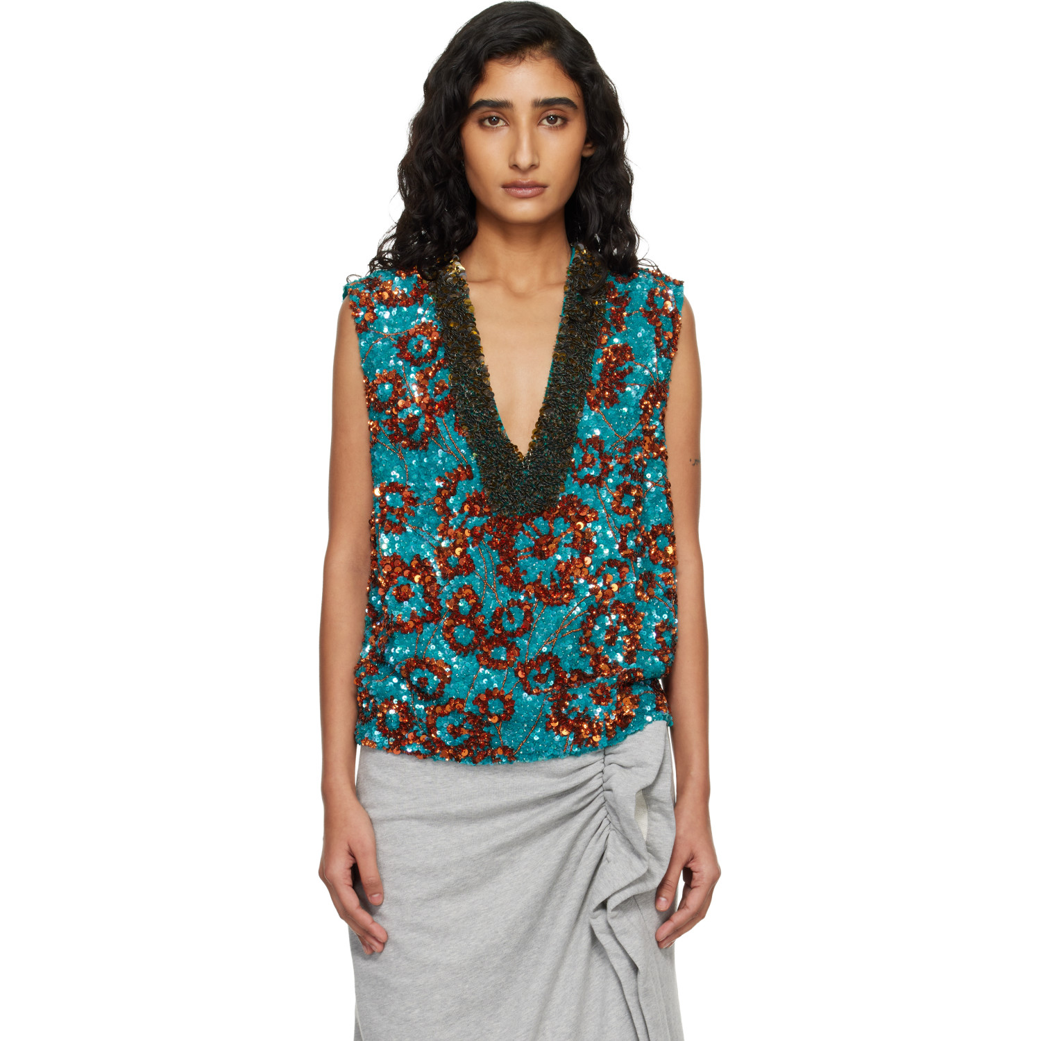 Dries Van Noten Blue & Orange Sequinned Top