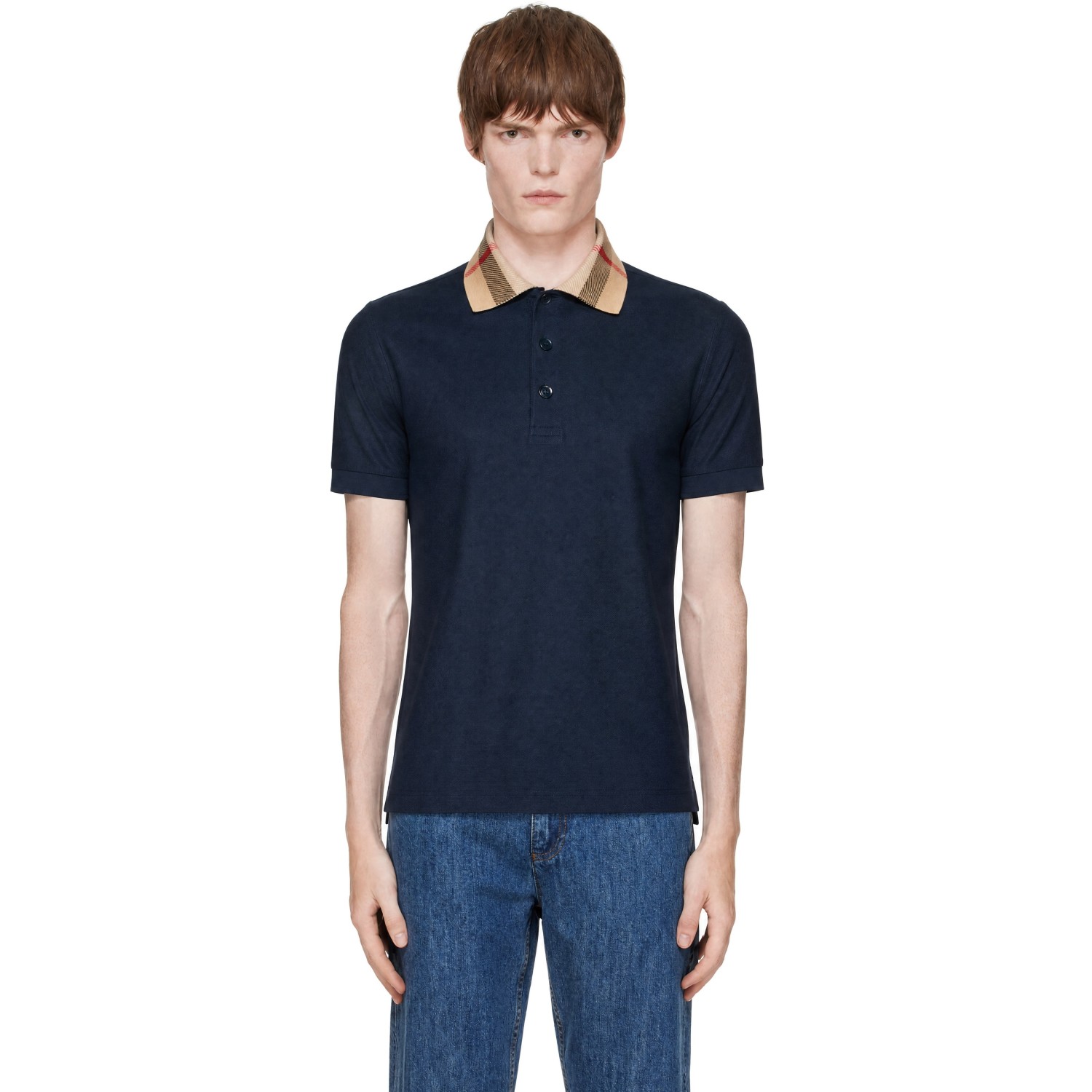 Burberry Navy Check Collar Cotton Polo