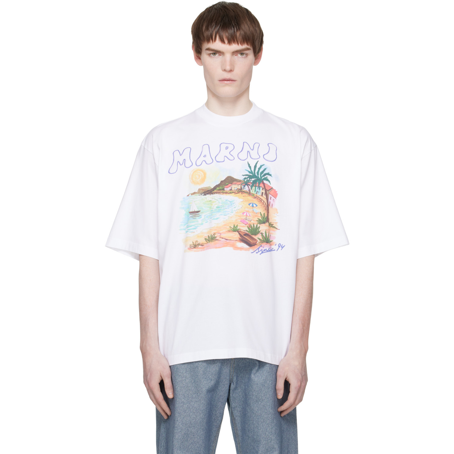 Marni White Cotton 'Marni Beach Postcard Print' T-shirt