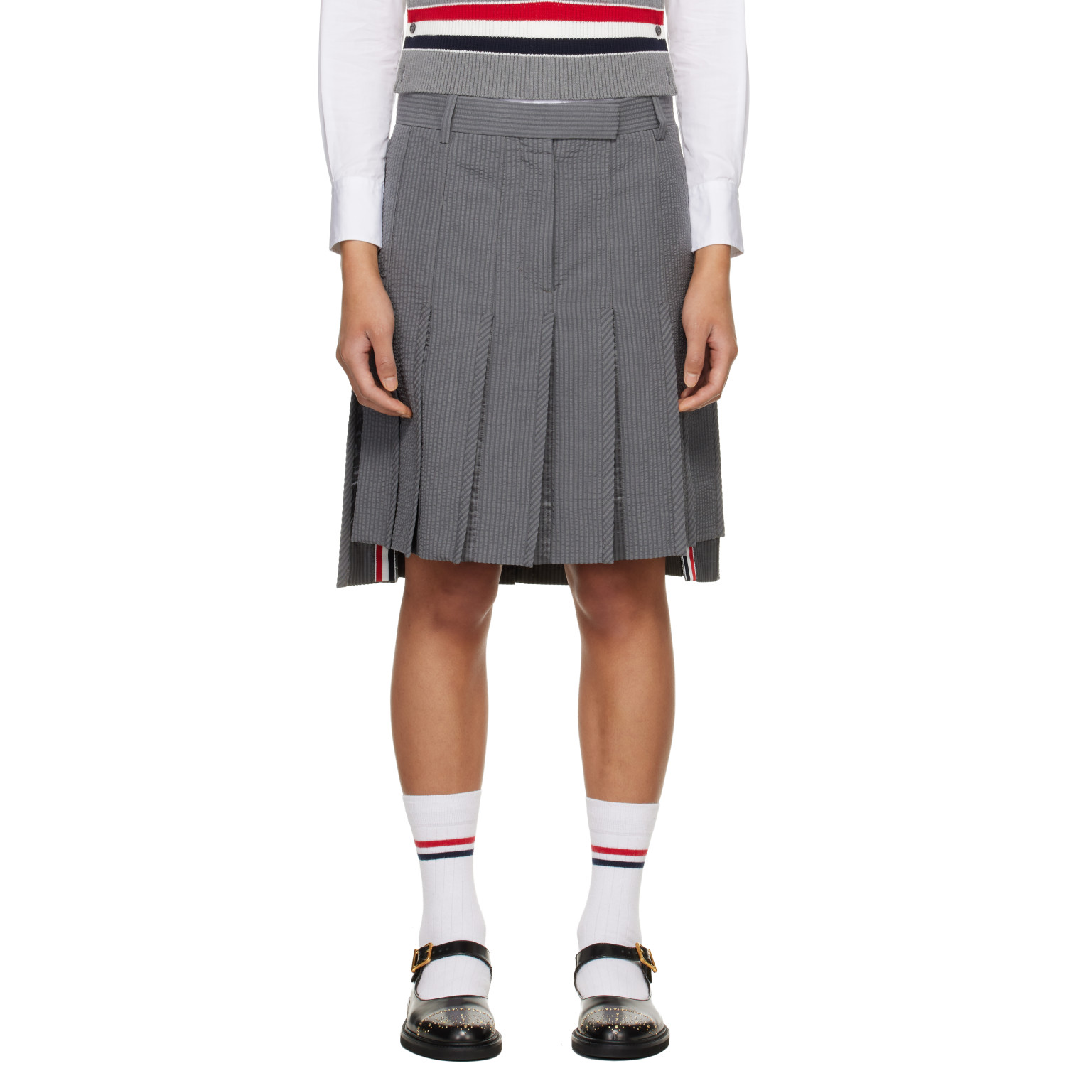 Thom Browne Gray Wool Seersucker Pleated Low Rise Miniskirt