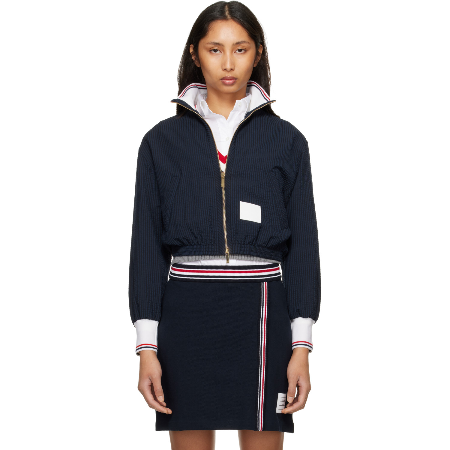 Thom Browne Navy Wool Seersucker Zip Up Track Jacket