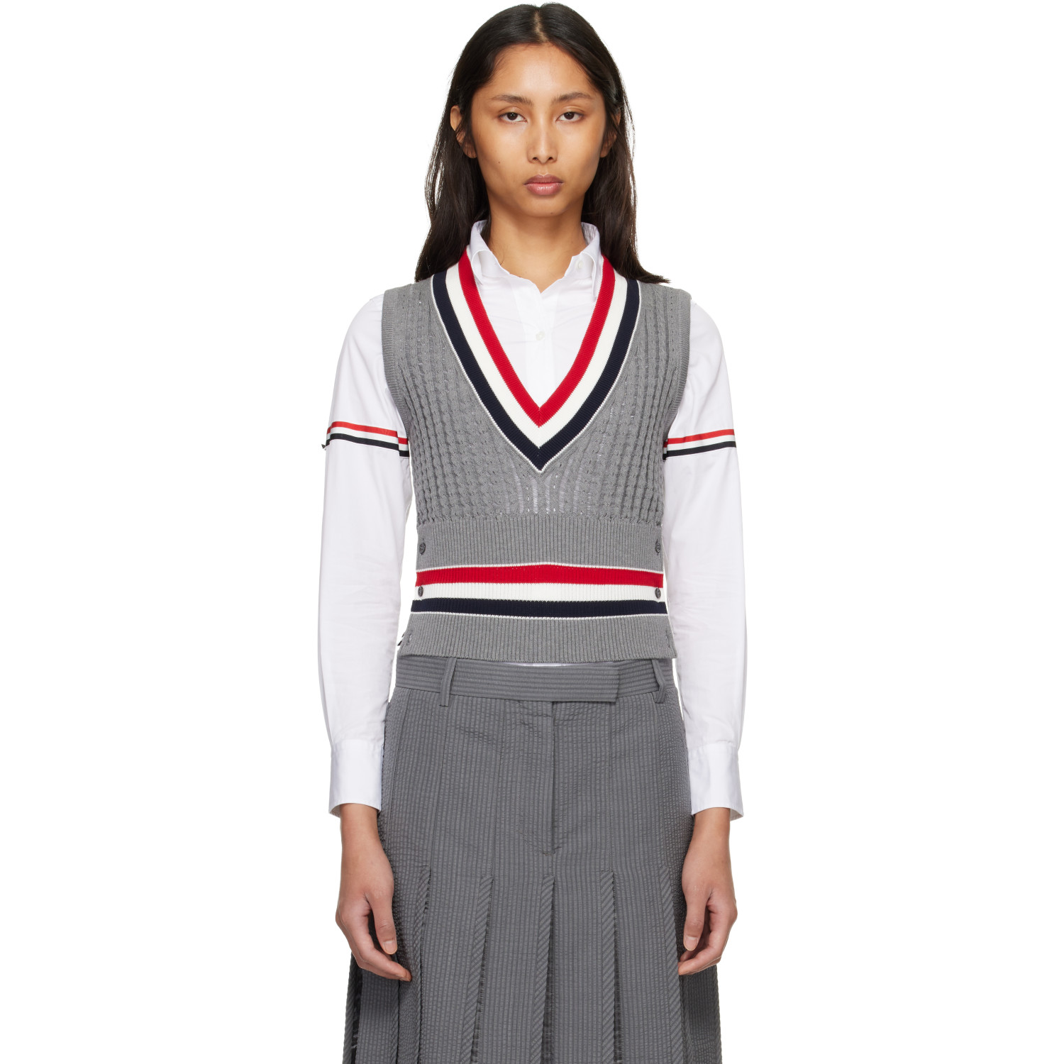 Thom Browne Gray Cricket RWB Stripe Baby Ladder Cable Shrunken Vest