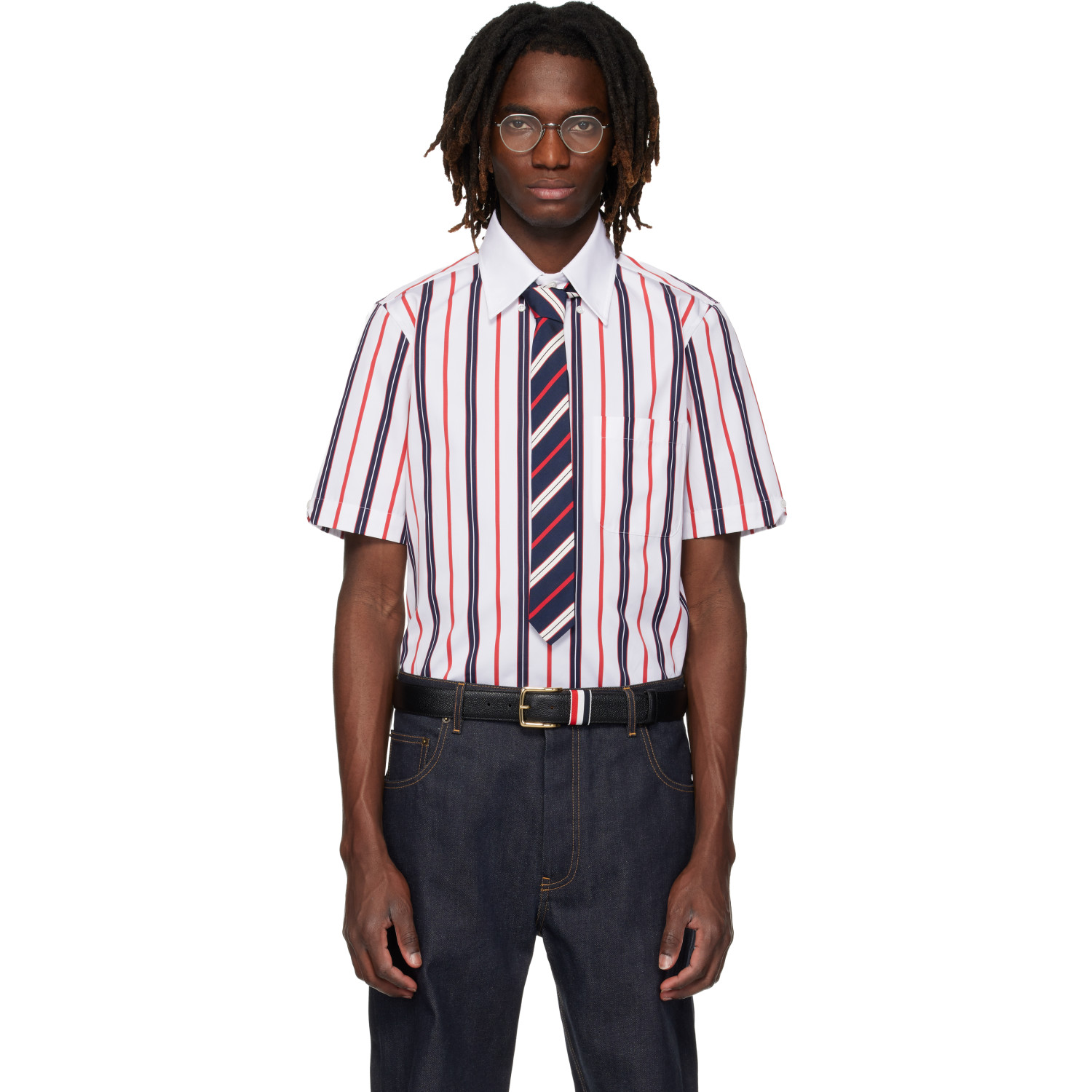 Thom Browne White Repp Stripe Poplin Short Sleeve Shirt