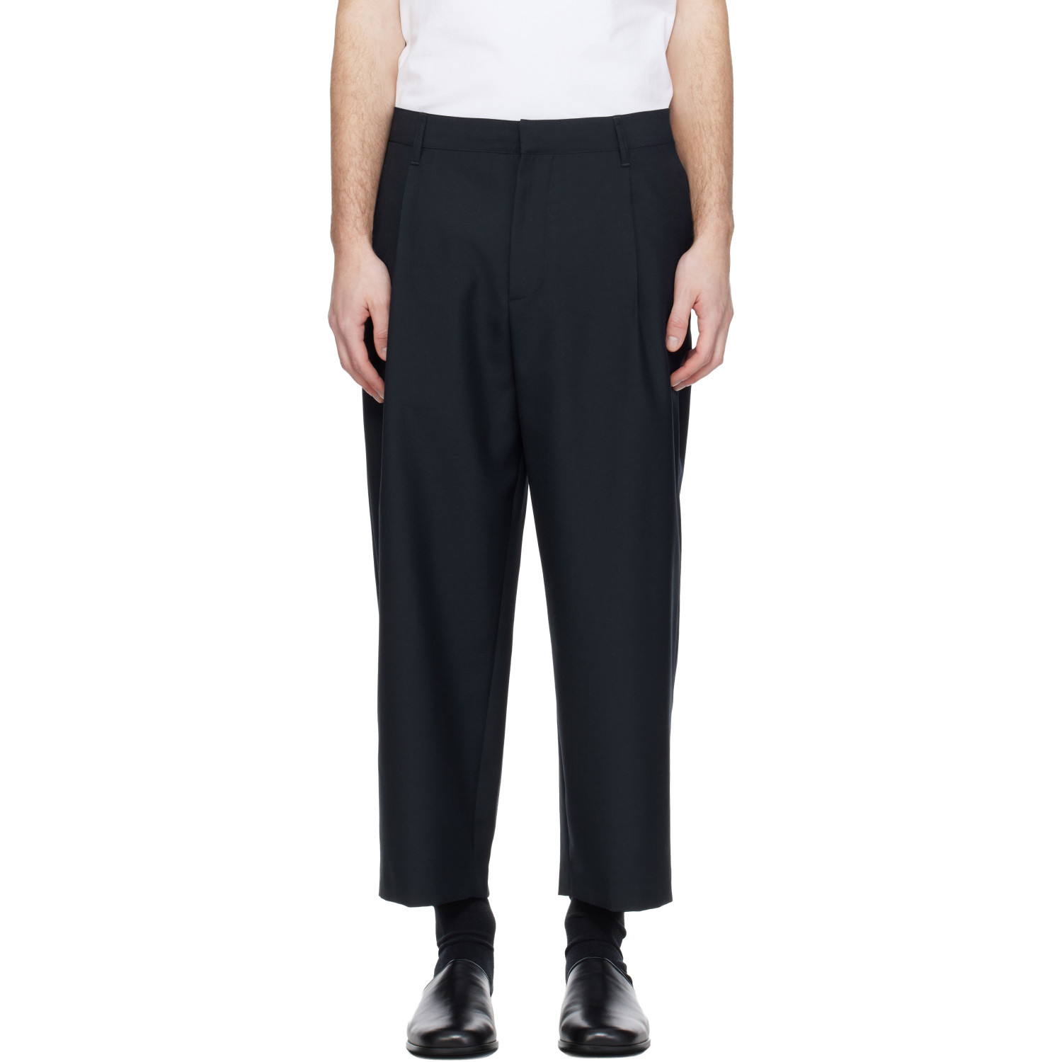 Maison Kitsuné Navy Cropped Pleated Trousers