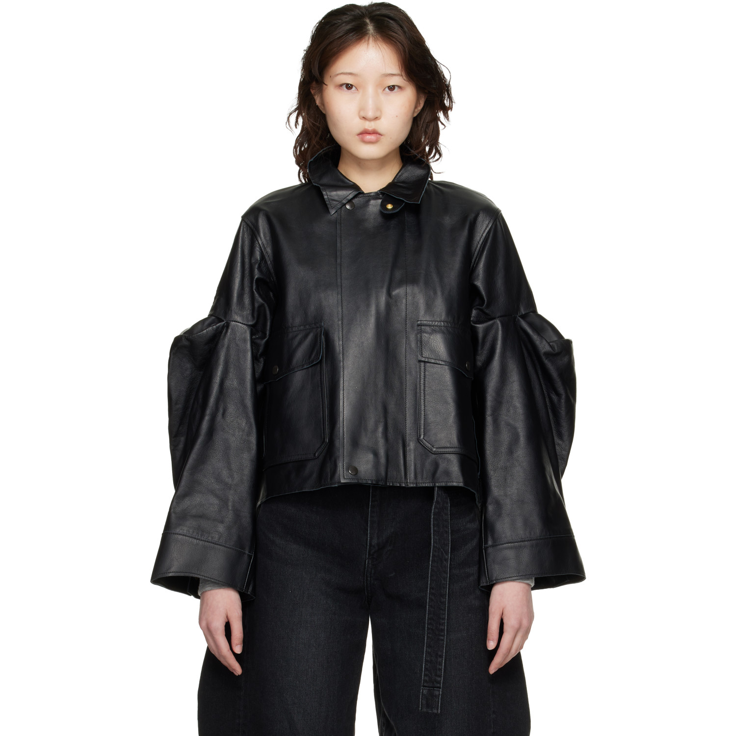 sacai Black Leather Blouson Jacket