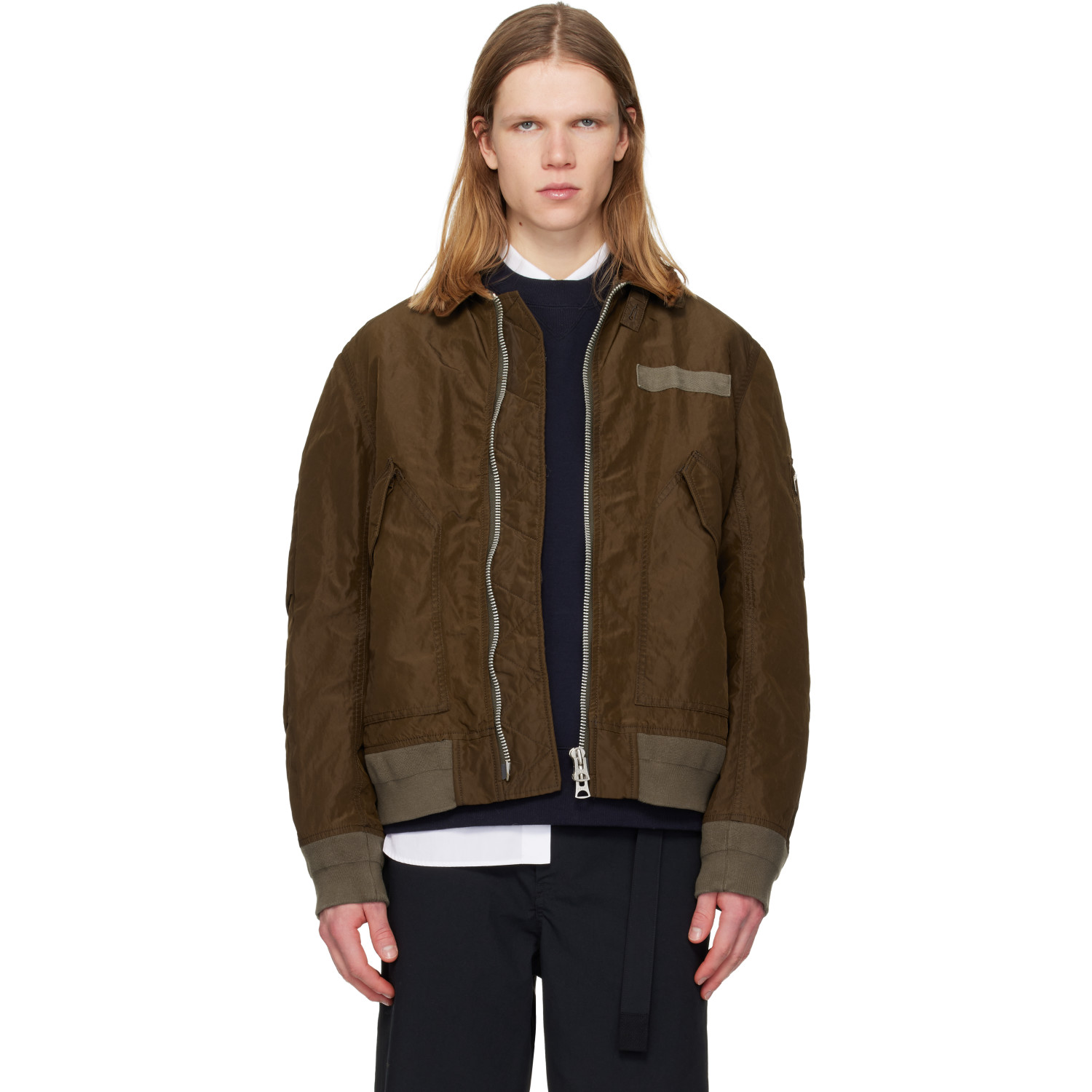 sacai Brown Treated Nylon Twill Bomber Jacket