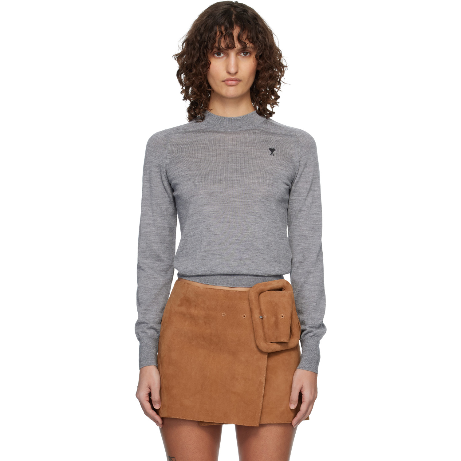 AMI Paris Gray Wool Crewneck Ami de Coeur Sweater