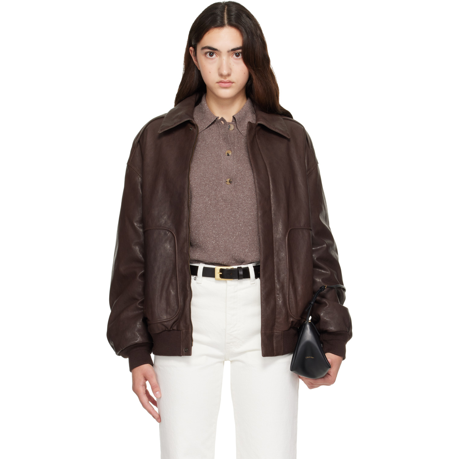 Calvin Klein Collection Brown Leather Bomber Jacket
