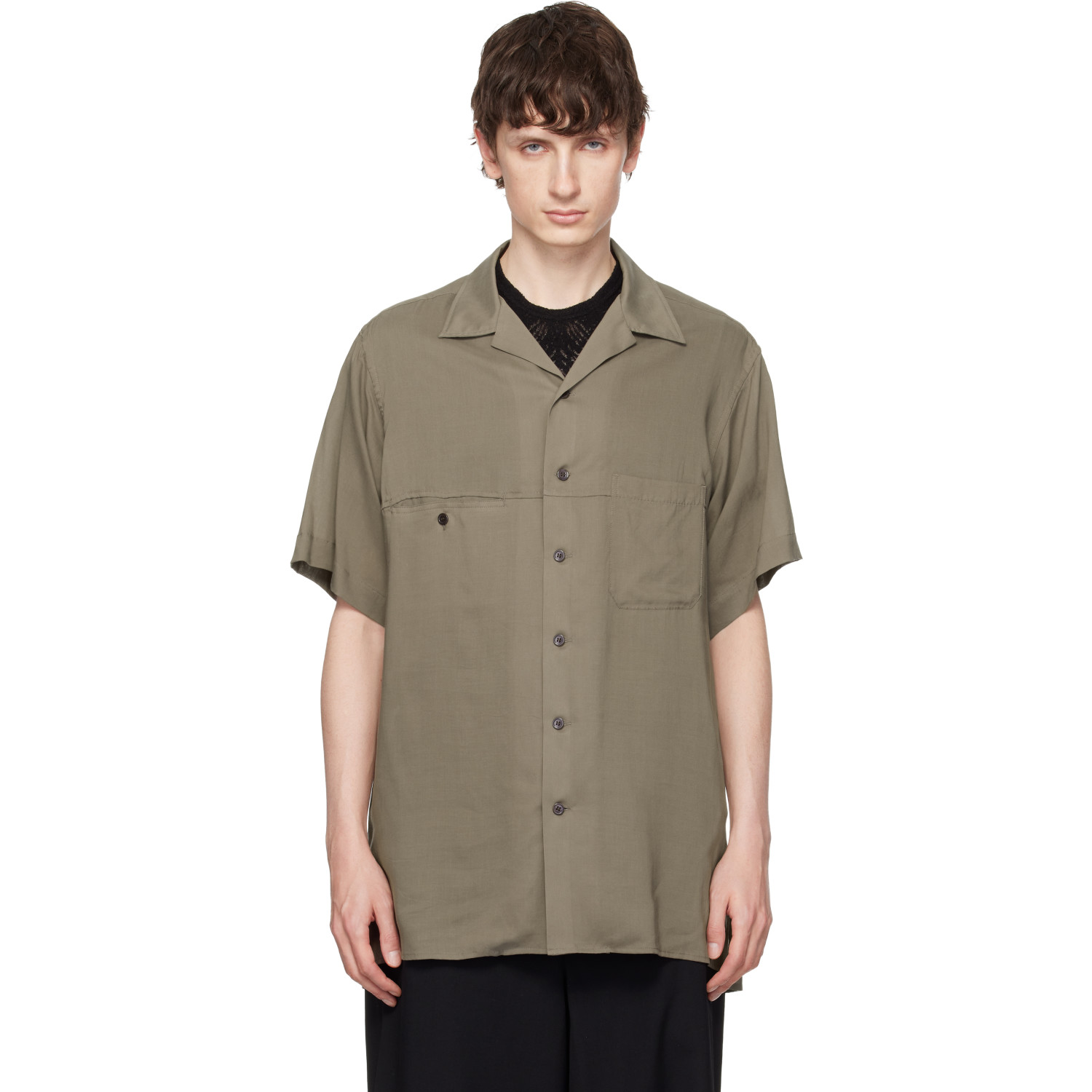 Yohji Yamamoto: YOHJI YAMAMOTO Beige Cellulose Lawn Panel Open Collar Shirt
