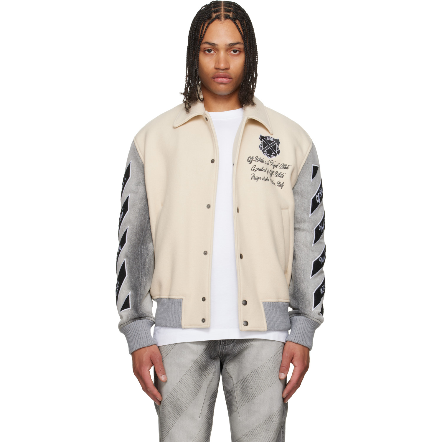 Off-White Off-White & Gray Wool Denim Relaxed Varsity Jacket