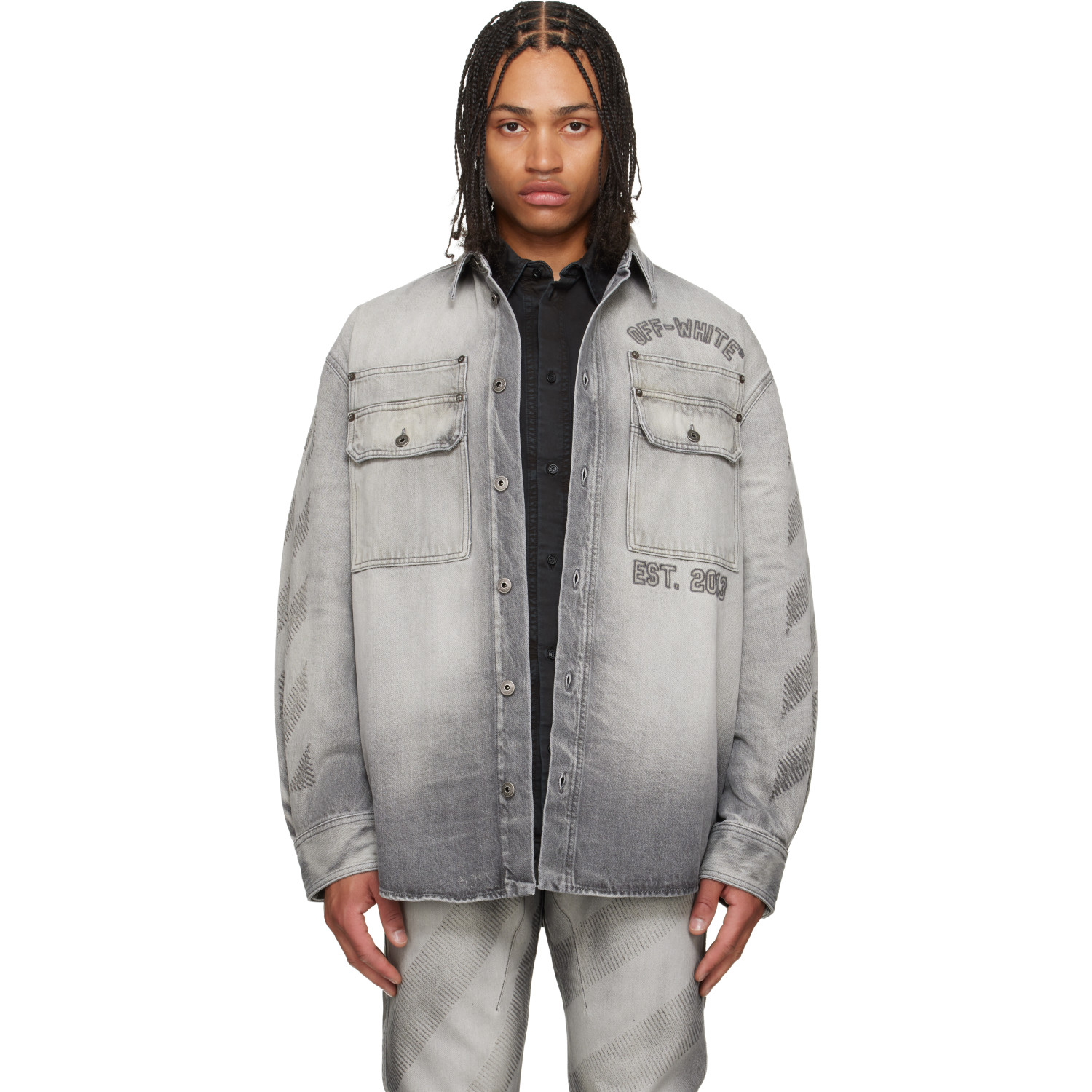 Off-White Gray Diagonal Embroidered Denim Military Overshirt