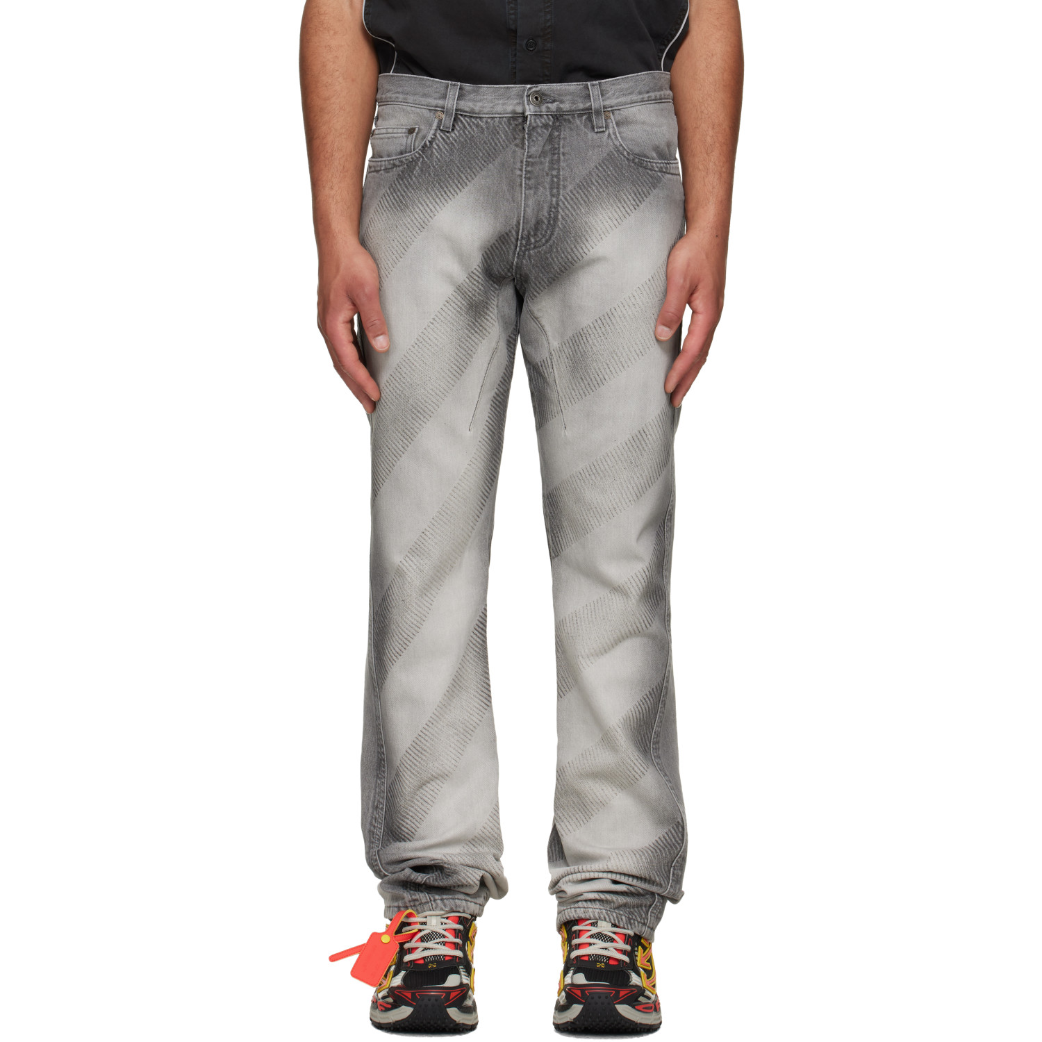 Off-White Gray Diagonal Embroidered Twist Stack Jeans