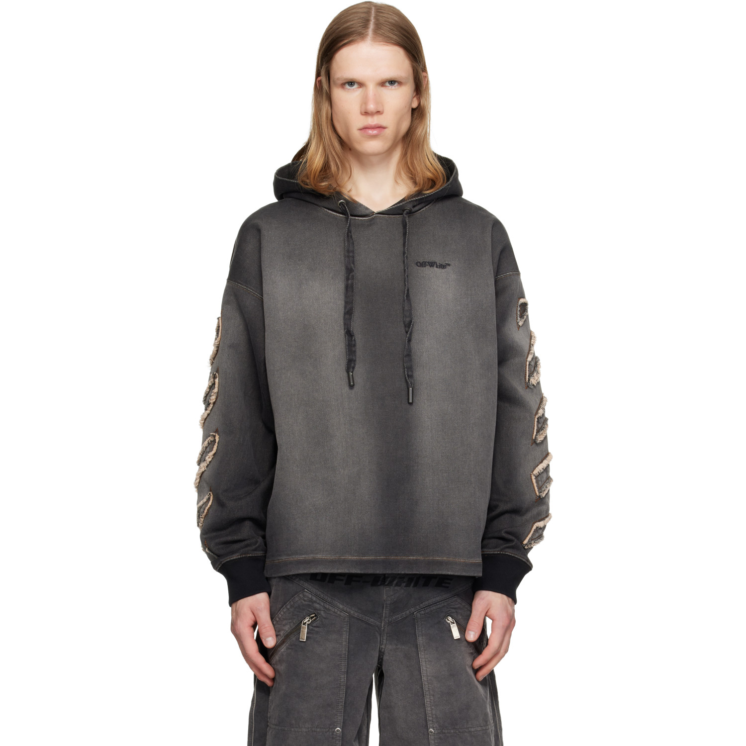 Off-White Gray Distress Diag Loose Highlighted B Hoodie