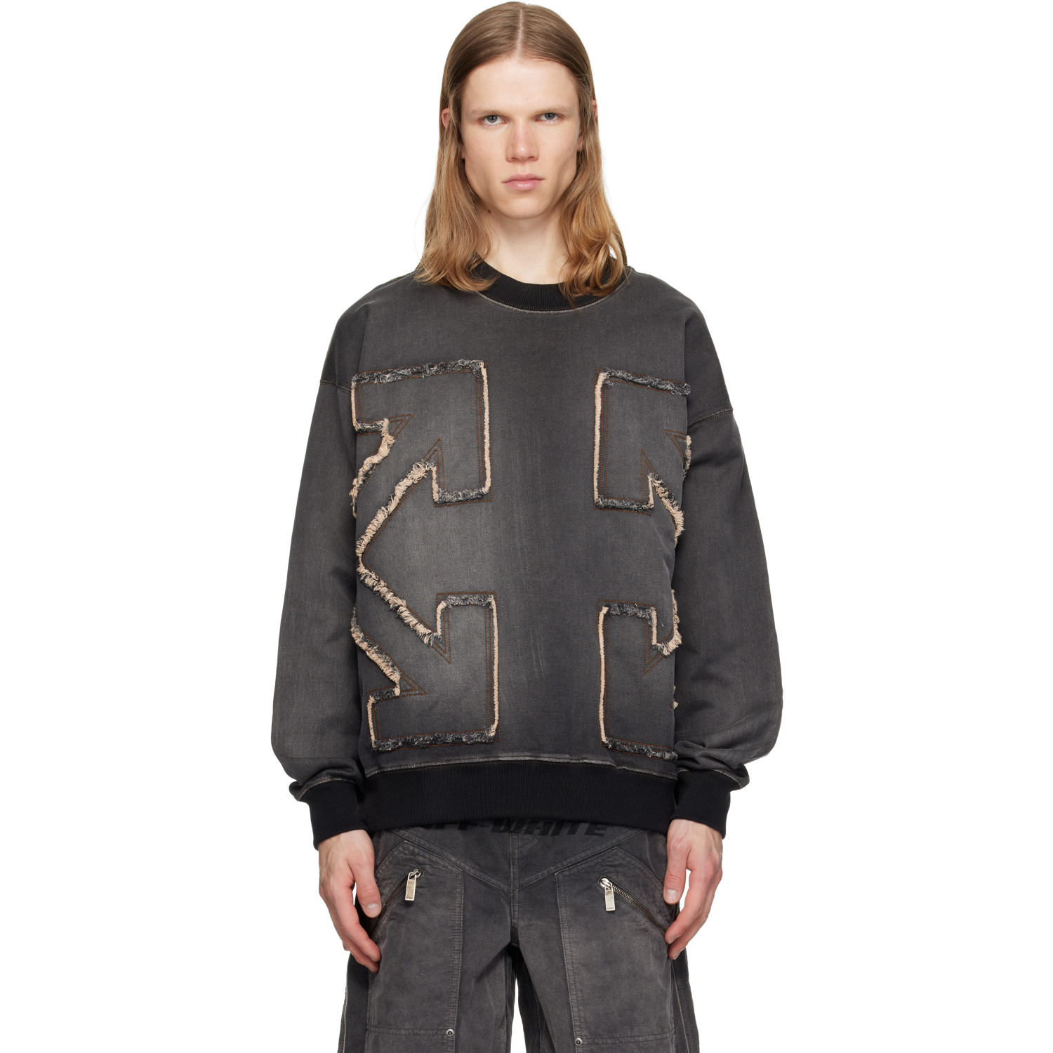 Off-White Gray Distress Arr Skate Crewneck Highlighted Sweatshirt