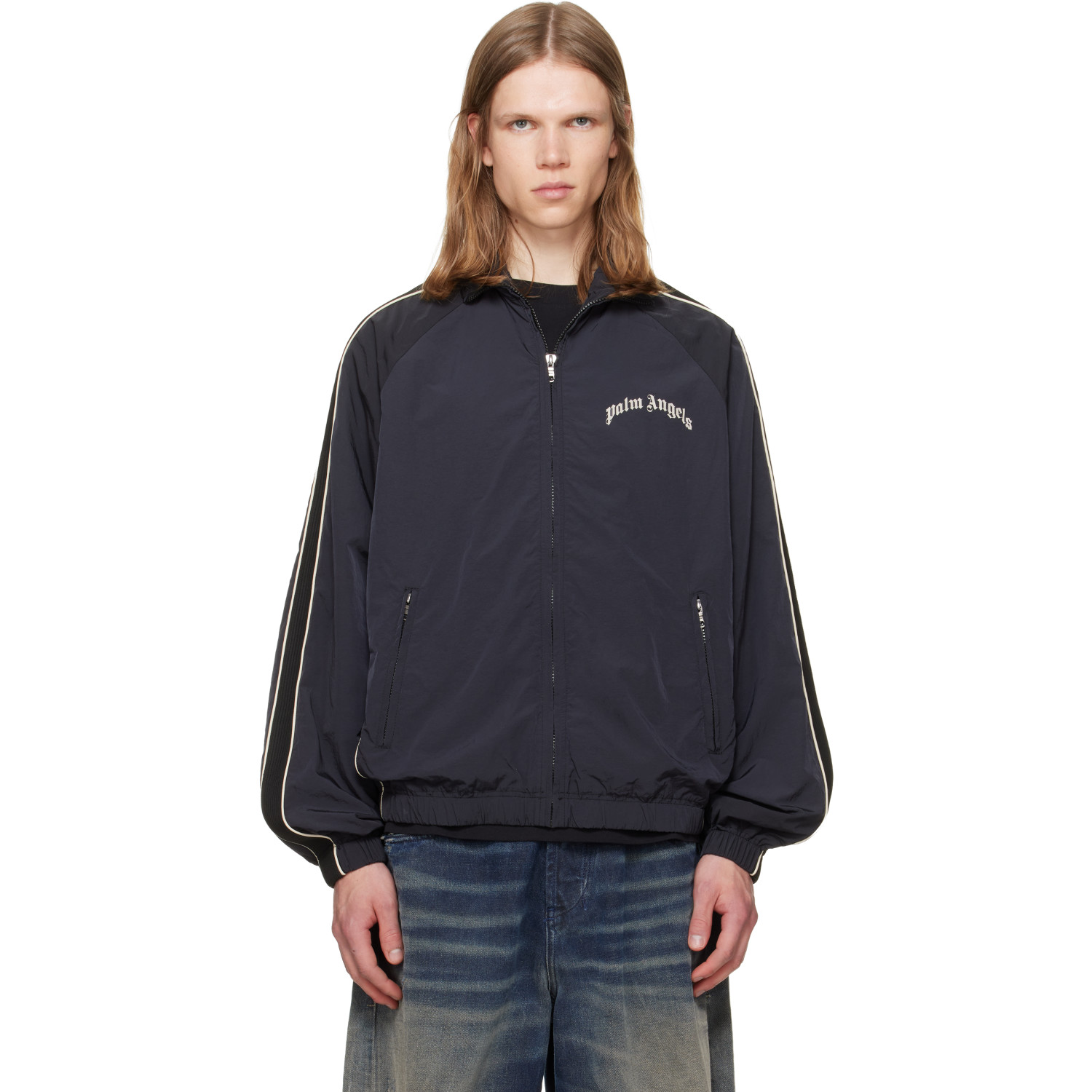 Palm Angels Black Curved Logo Vintage Windbreaker Track Jacket