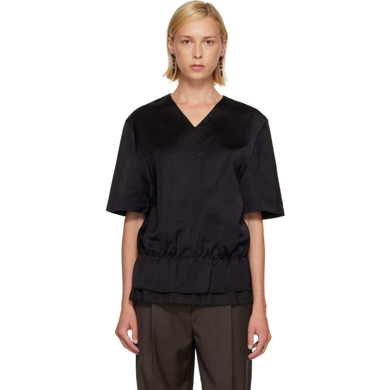 TOTEME Black V-Neck Satin Pullover Top