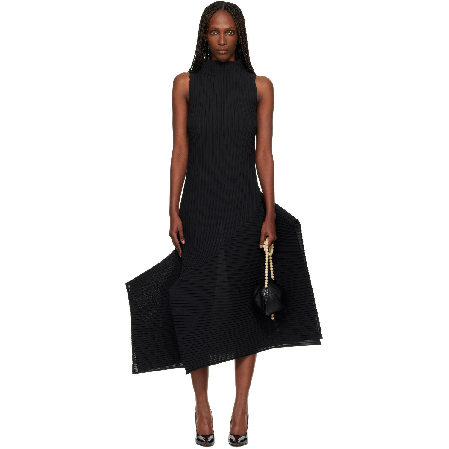 ISSEY MIYAKE Black Fold Pleats Midi Dress