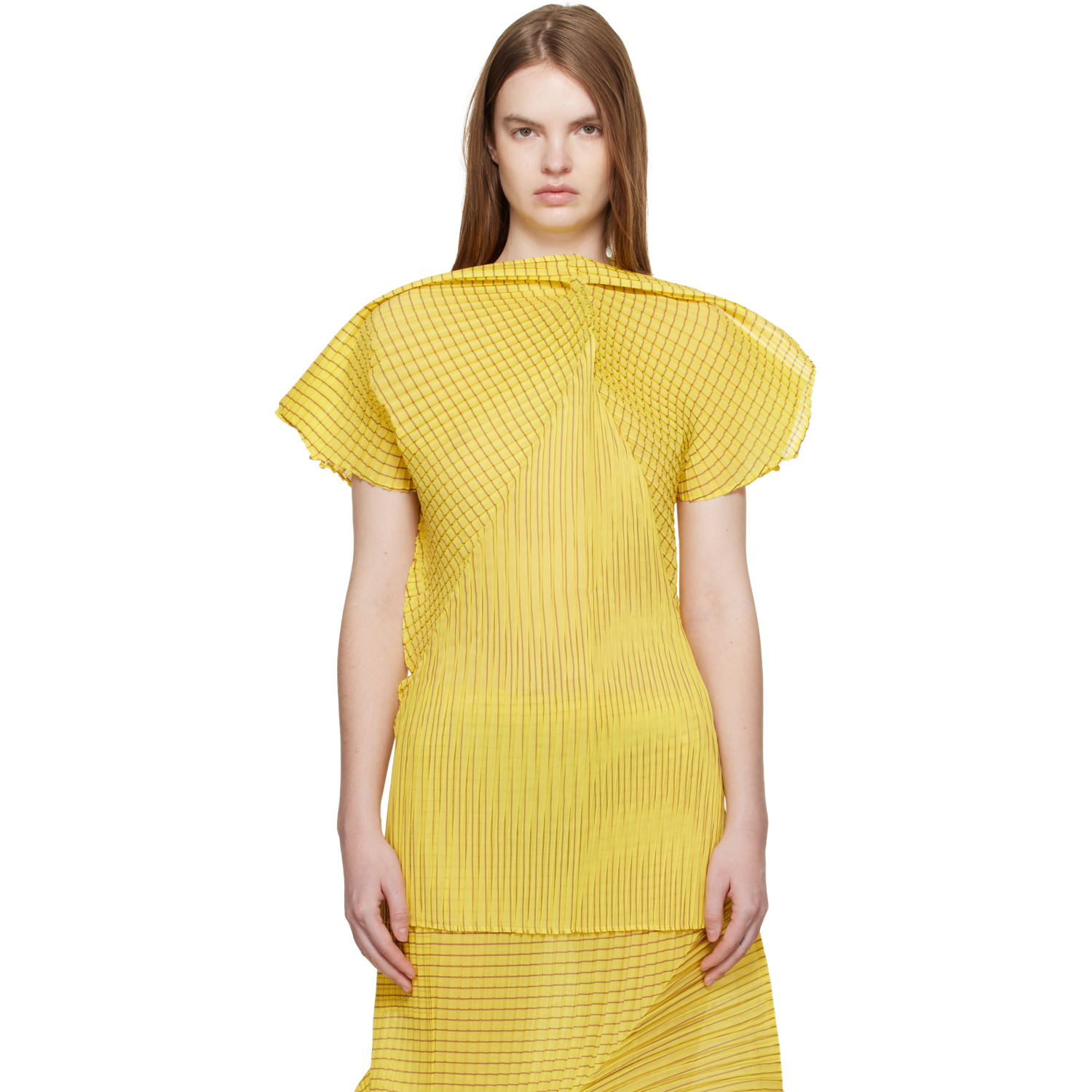 ISSEY MIYAKE Yellow Generic Stripes Machine Pleats Blouse