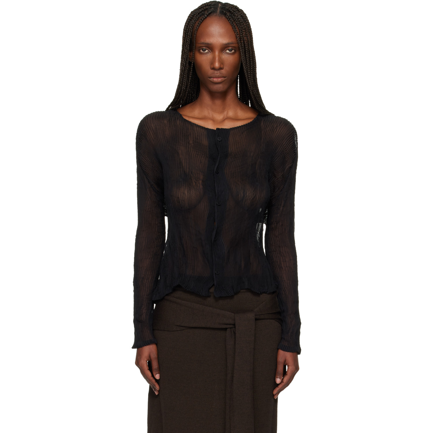 ISSEY MIYAKE Black Chiffon Twist Cardigan