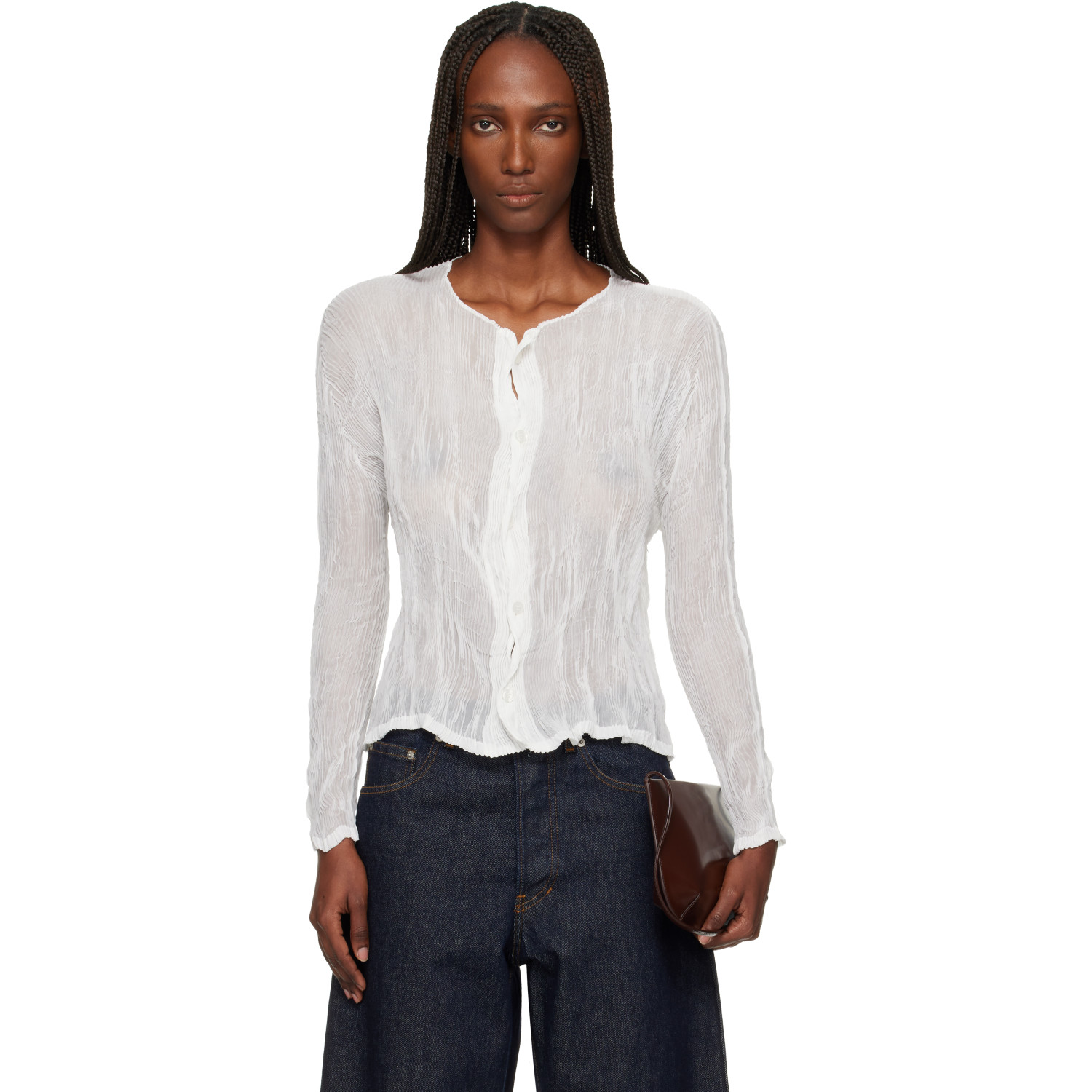 ISSEY MIYAKE White Chiffon Twist Cardigan