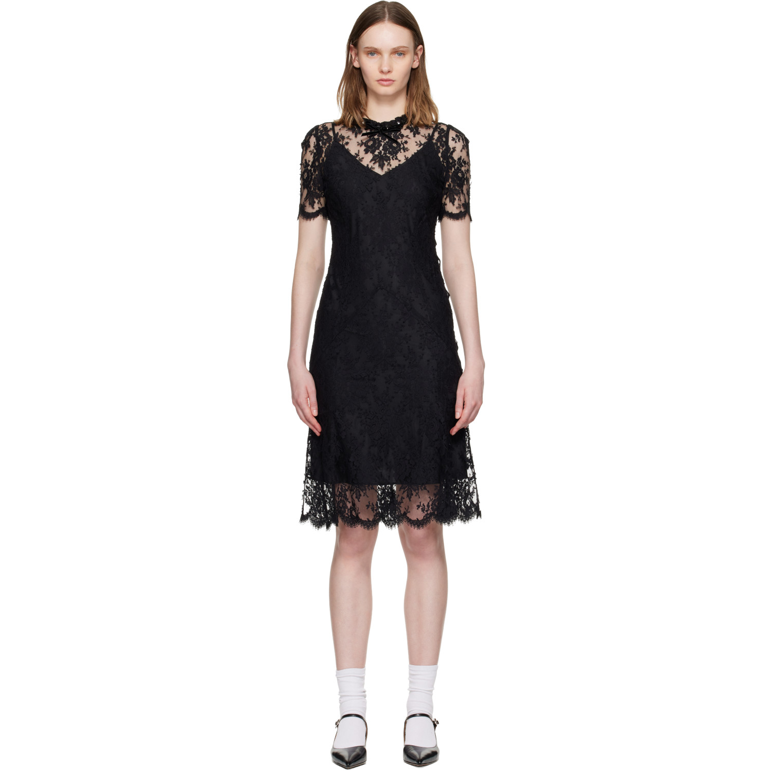 SHUSHU/TONG Black Beaded Lace Short-Sleeve Midi Dress