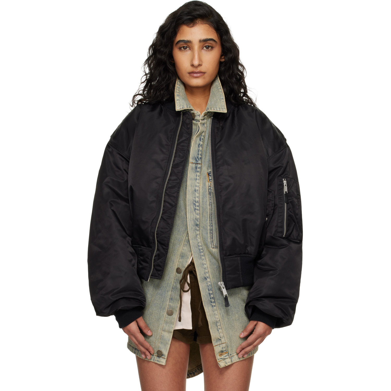 Entire Studios Black Cropped Broad Bomber Jacket