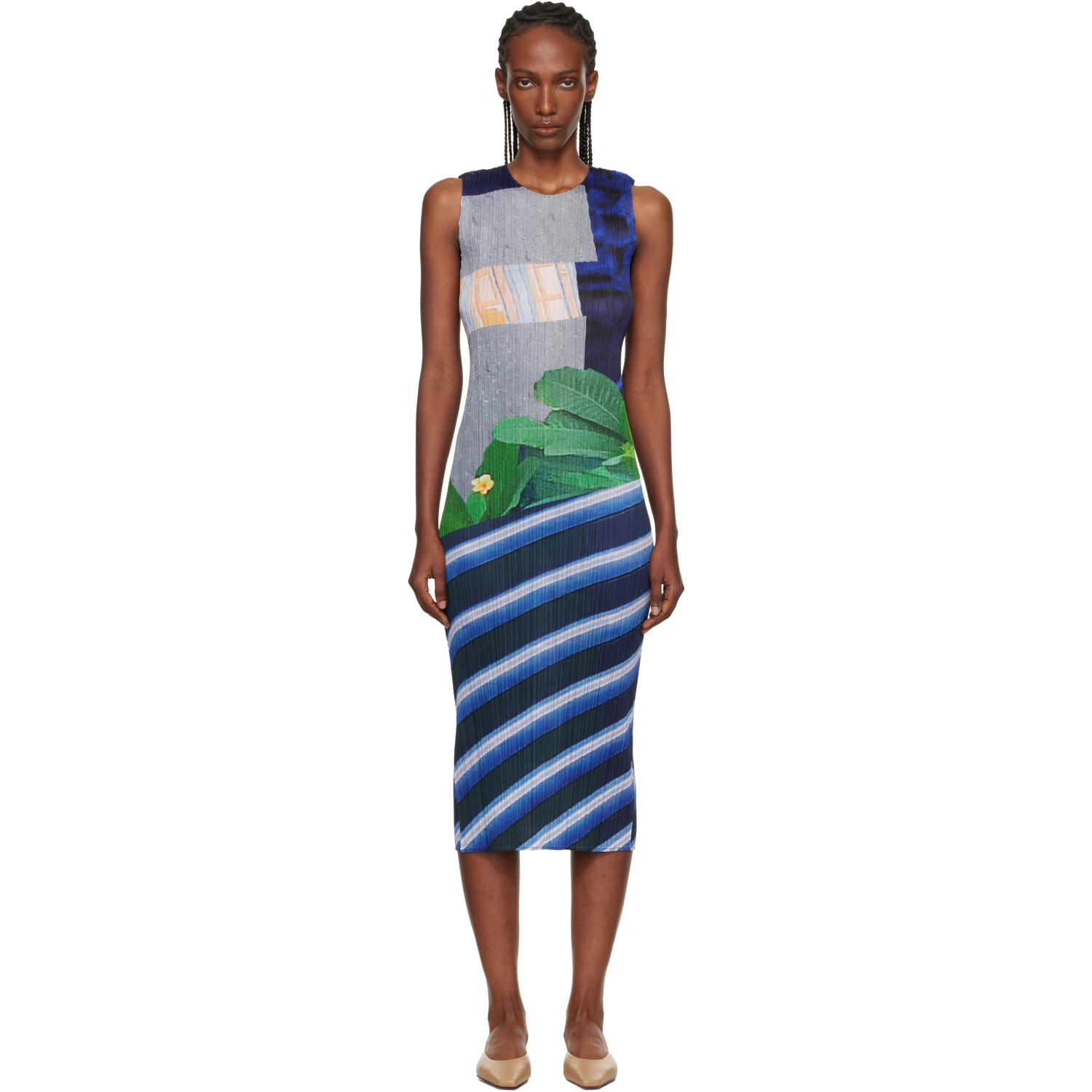 PLEATS PLEASE ISSEY MIYAKE Gray & Navy City Collage Midi Dress