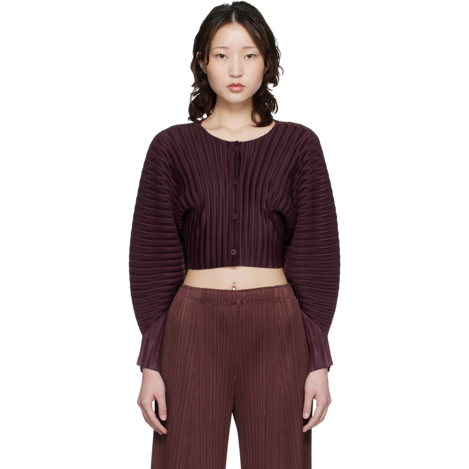 PLEATS PLEASE ISSEY MIYAKE Burgundy Rib Pleats January Cardigan