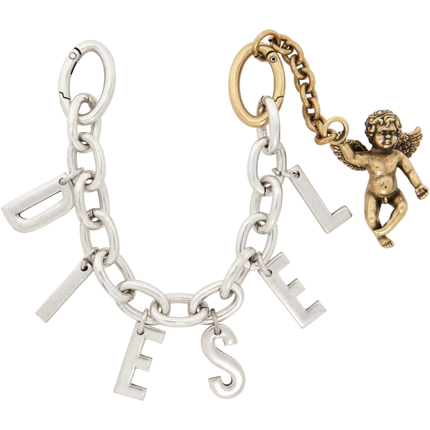 Diesel Silver & Gold Metal Letter Charm Cherub Keychain