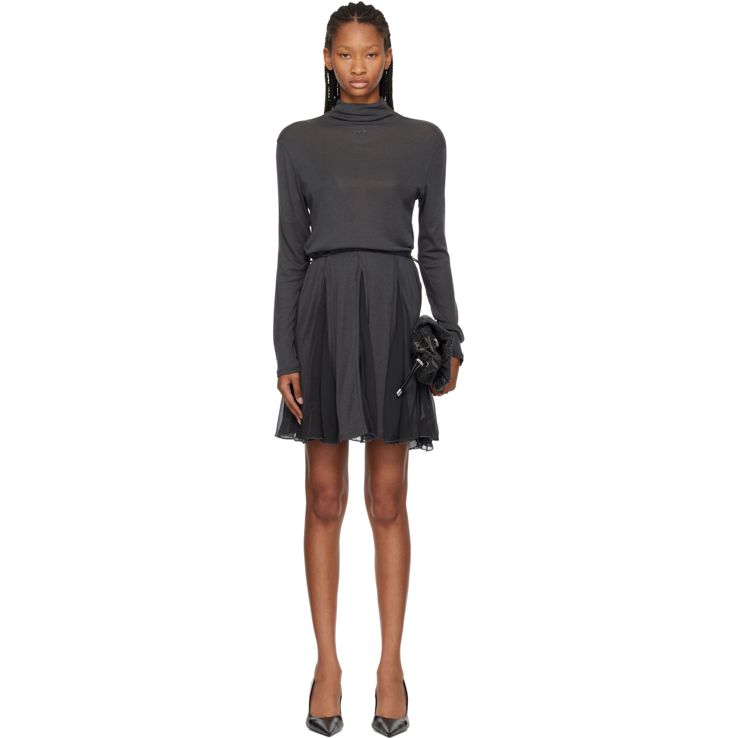 Diesel Gray Jersey & Chiffon Turtleneck Minidress