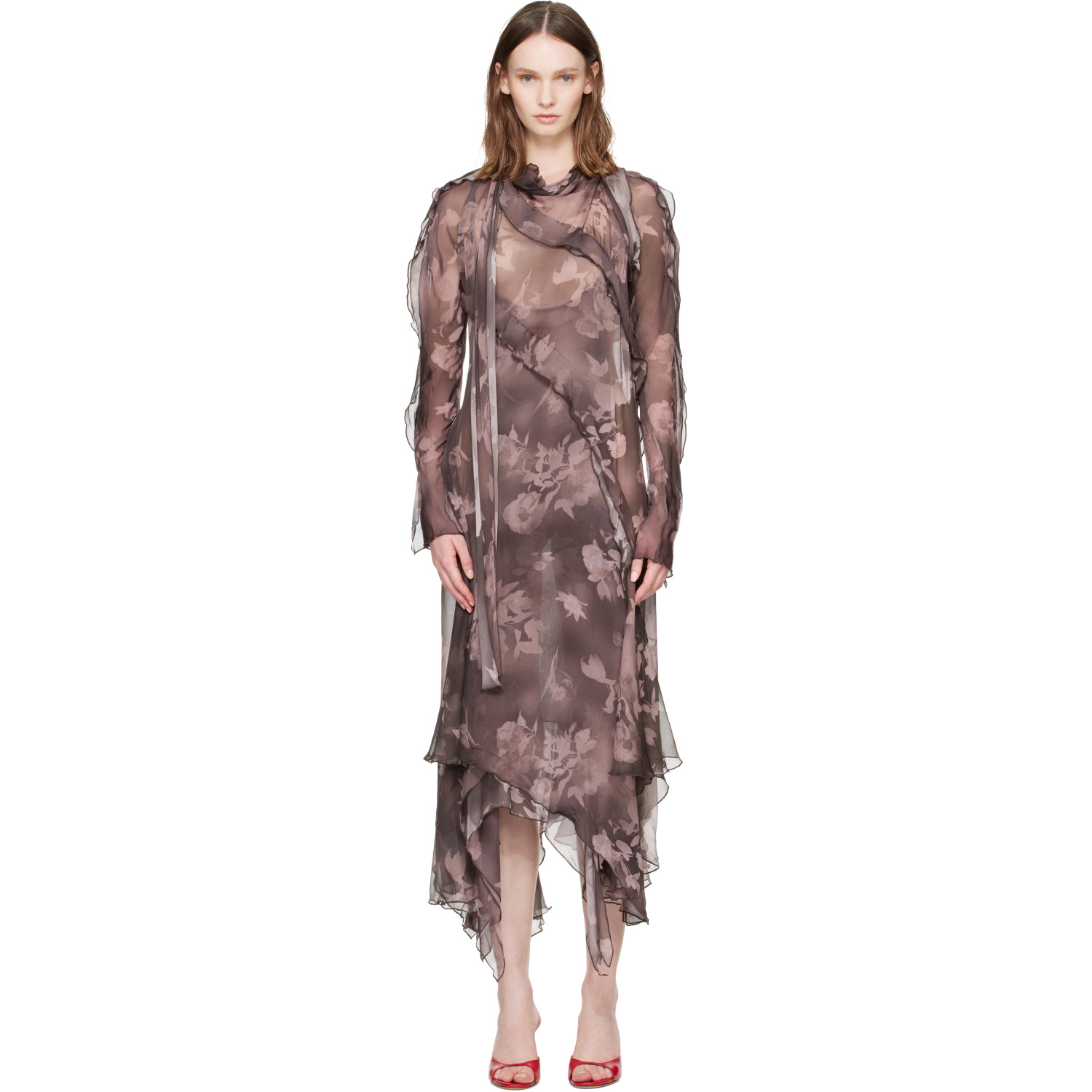 Diesel Brown Asymmetric Chiffon & SIlk-Crepe Midi Dress