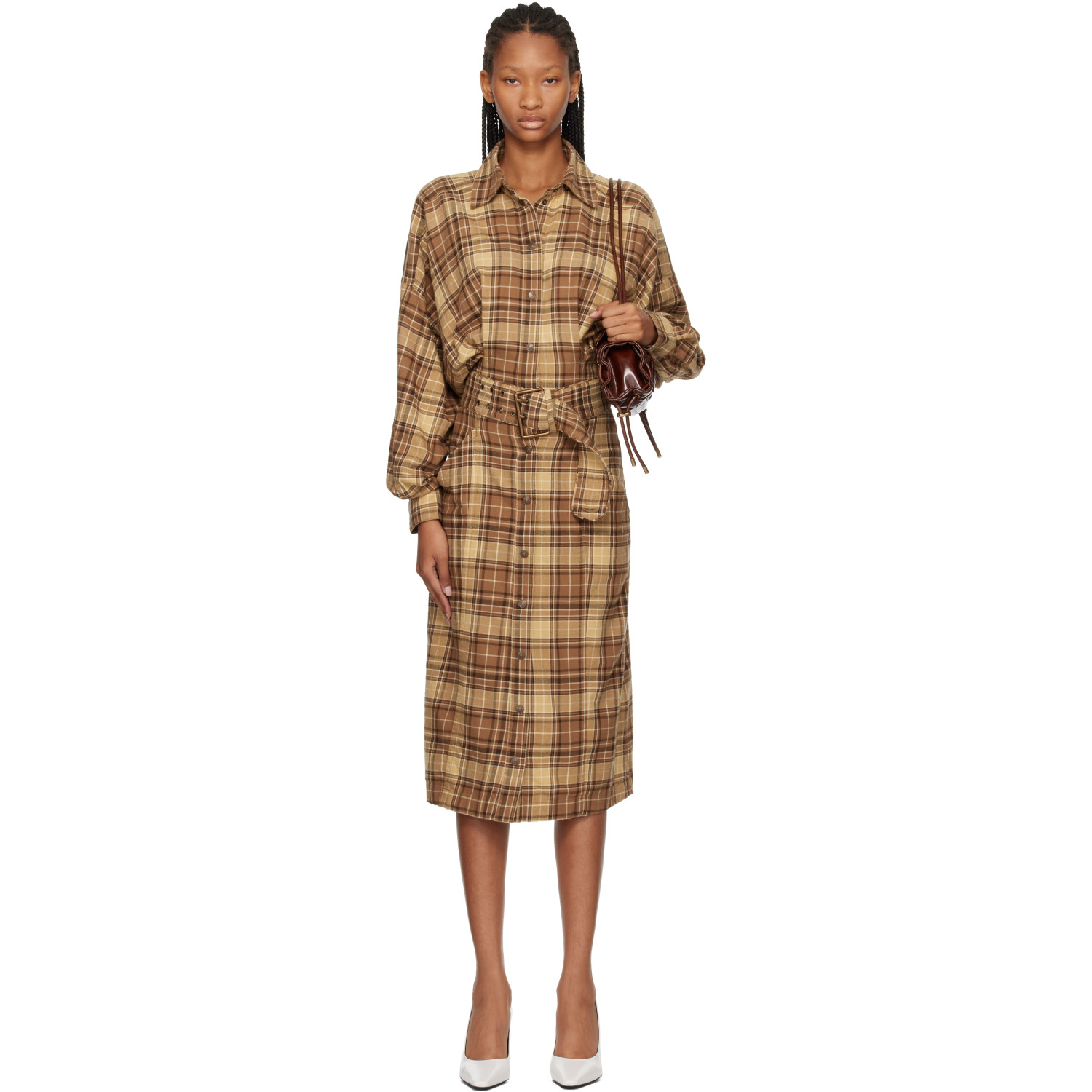 Diesel Brown Check Flannel Wide Belt Midi Dress