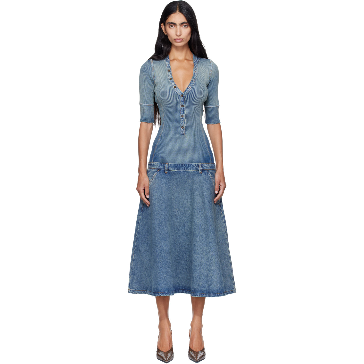 Diesel Blue Drop-Waist Knit & Denim Midi Dress