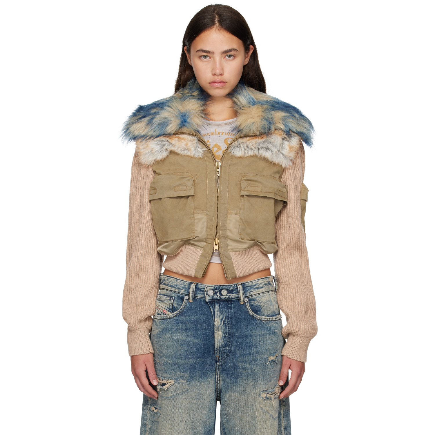 Diesel Beige & Khaki Rib-Knit Bomber Jacket