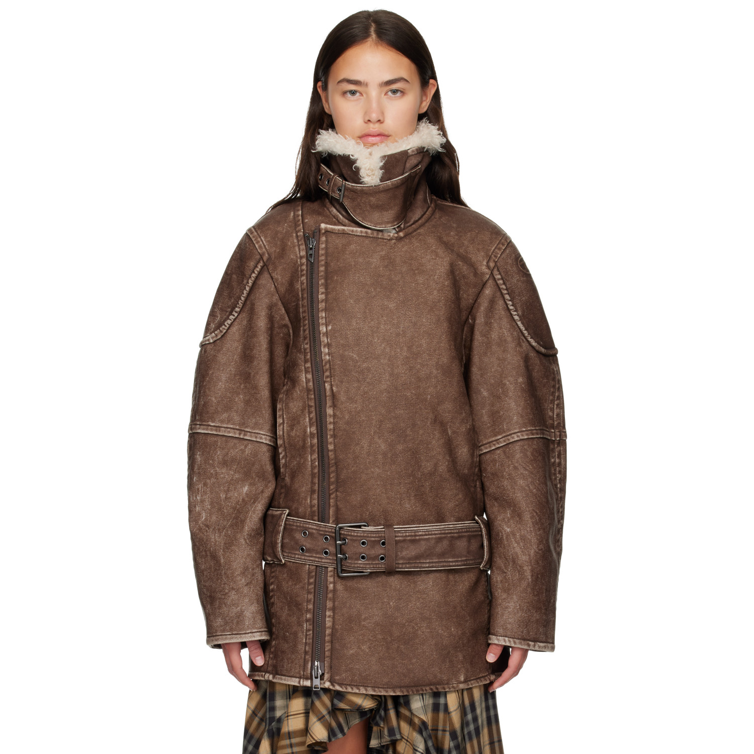 Diesel Brown Double-Breasted Aviator-Biker Coat