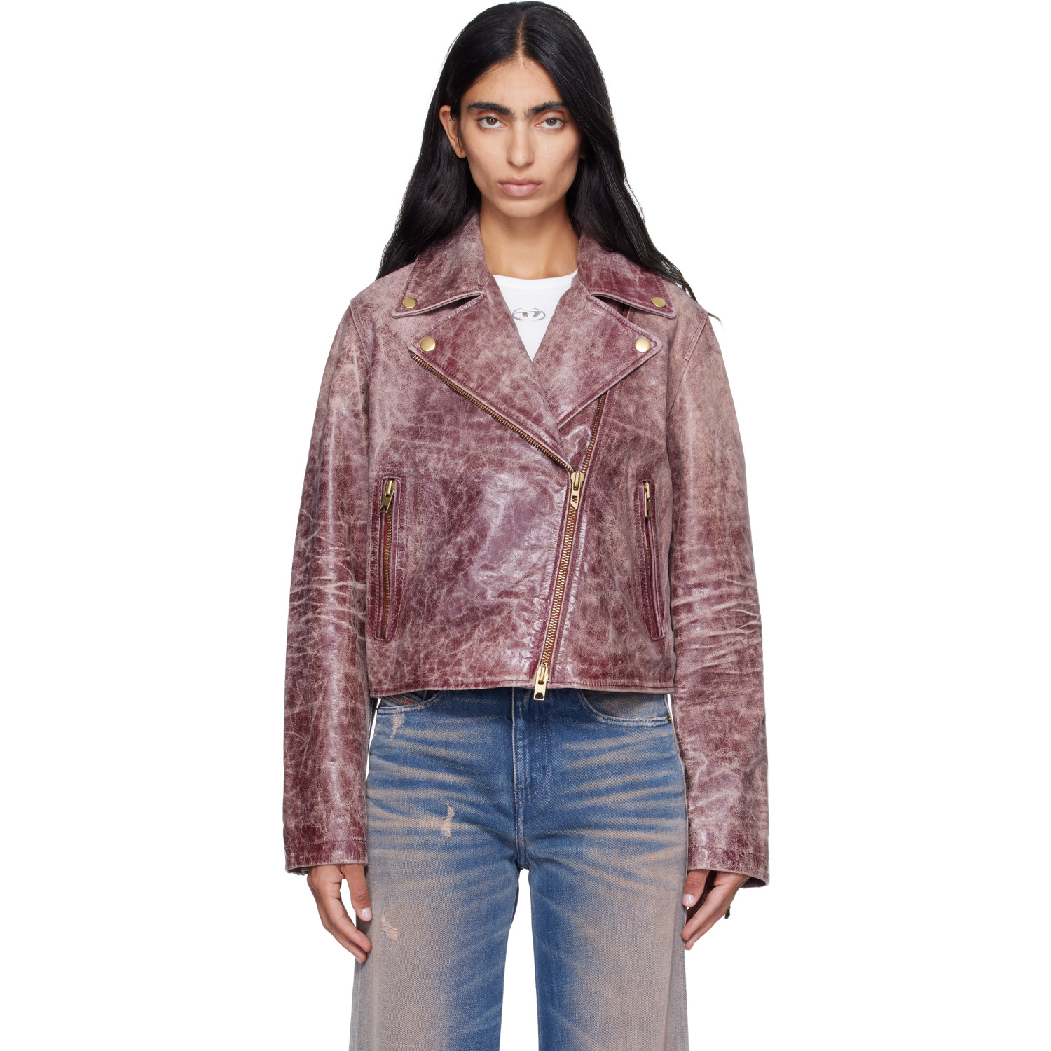Diesel Pink Treated Leather Biker Jacket