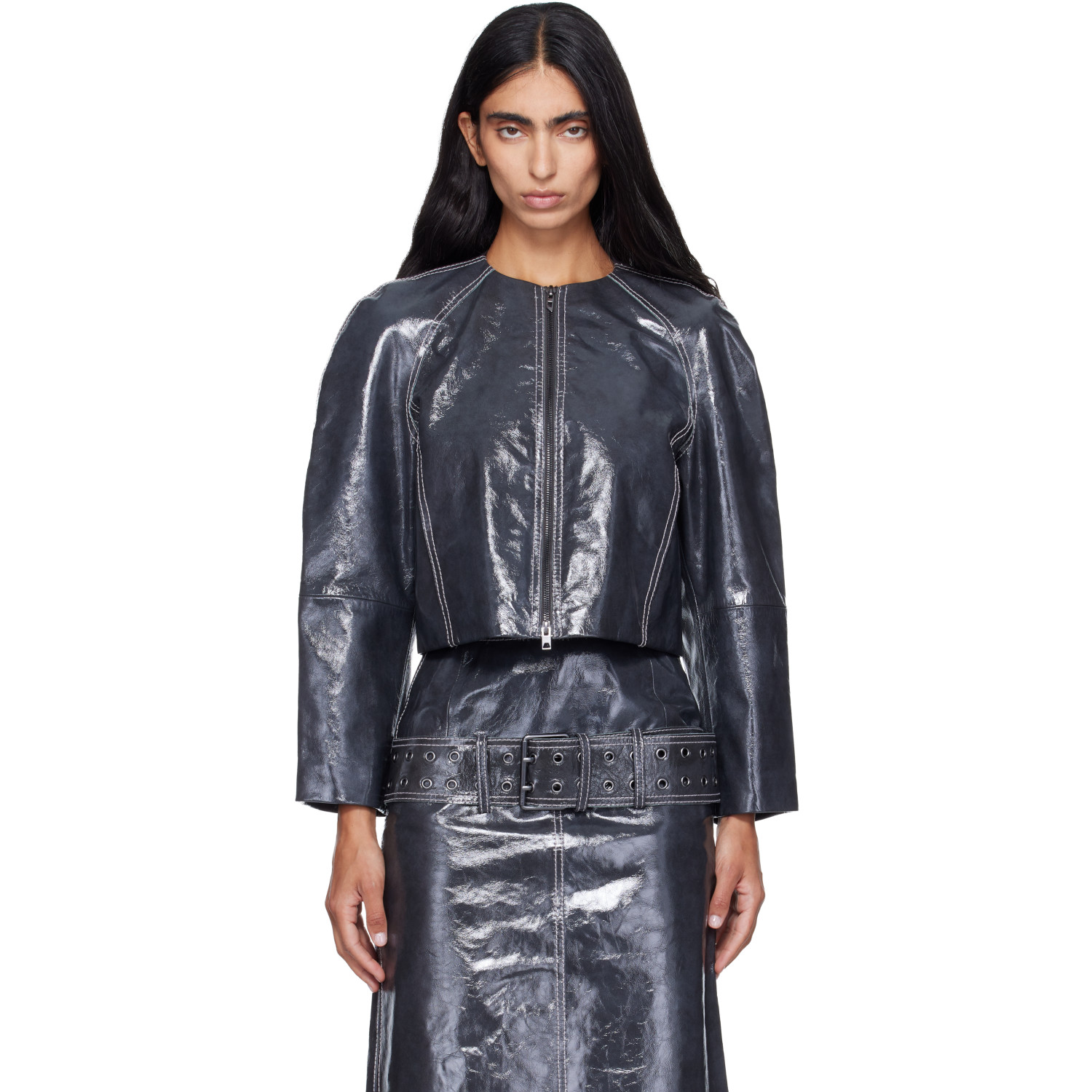 Diesel Gray Patent-Leather Cocoon Sleeve Jacket