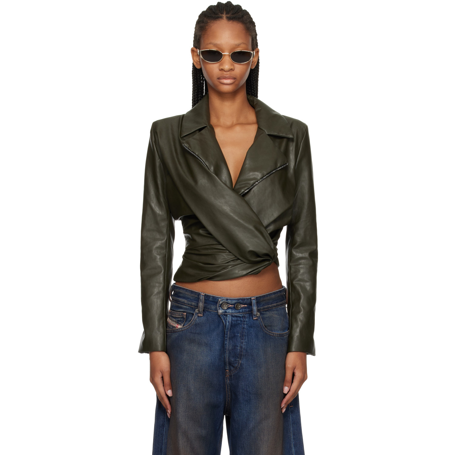 Diesel Khaki Draped Wrap-Effect Faux-Leather Jacket