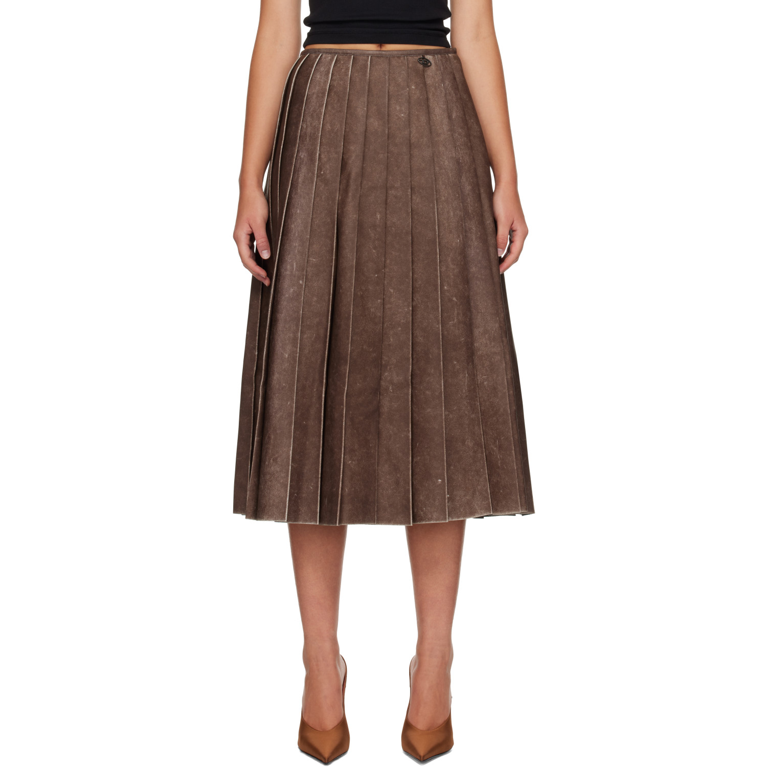 Diesel Brown Distressed Pleated Faux-Leather Midi Skirt